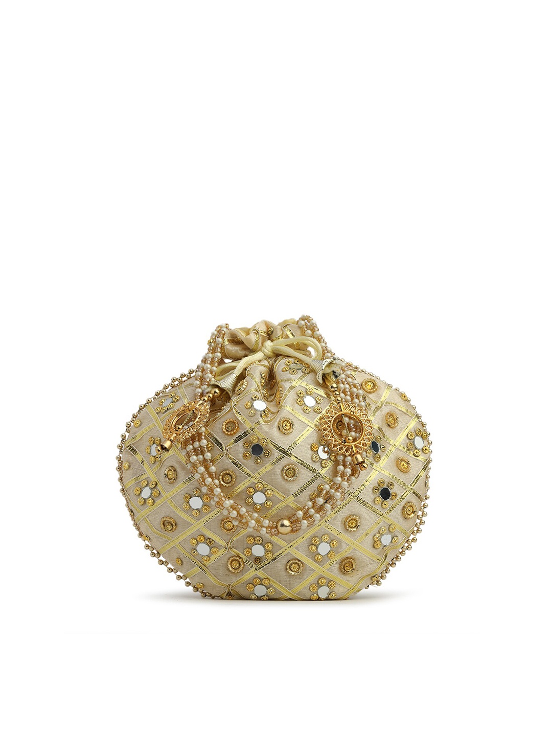 

gaura pakhi Cream-Coloured & Gold-Toned Embroidered Potli Clutch