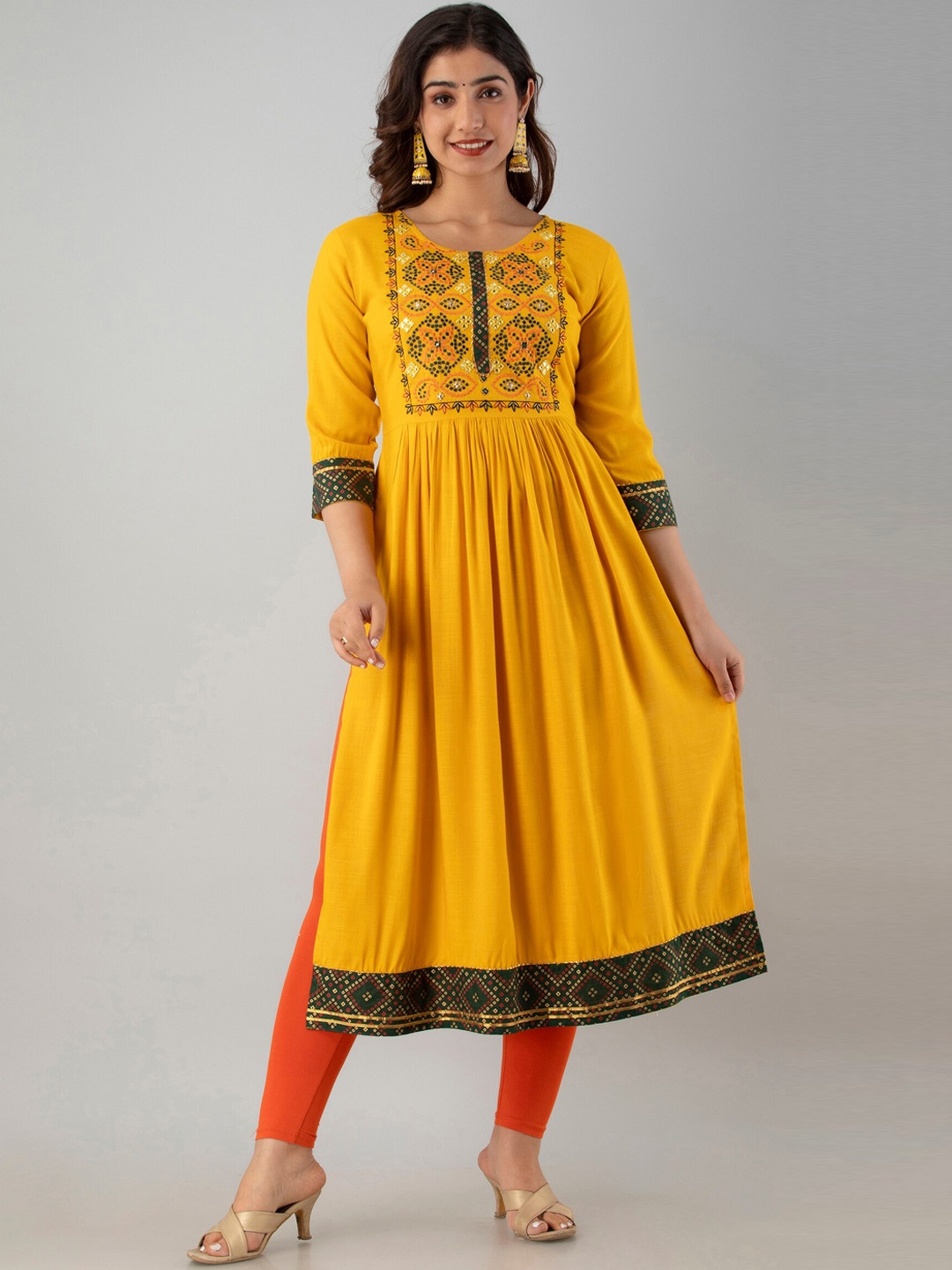 

Charu Women Mustard Yellow Ethnic Motifs Yoke Design Thread Work Anarkali Kurta