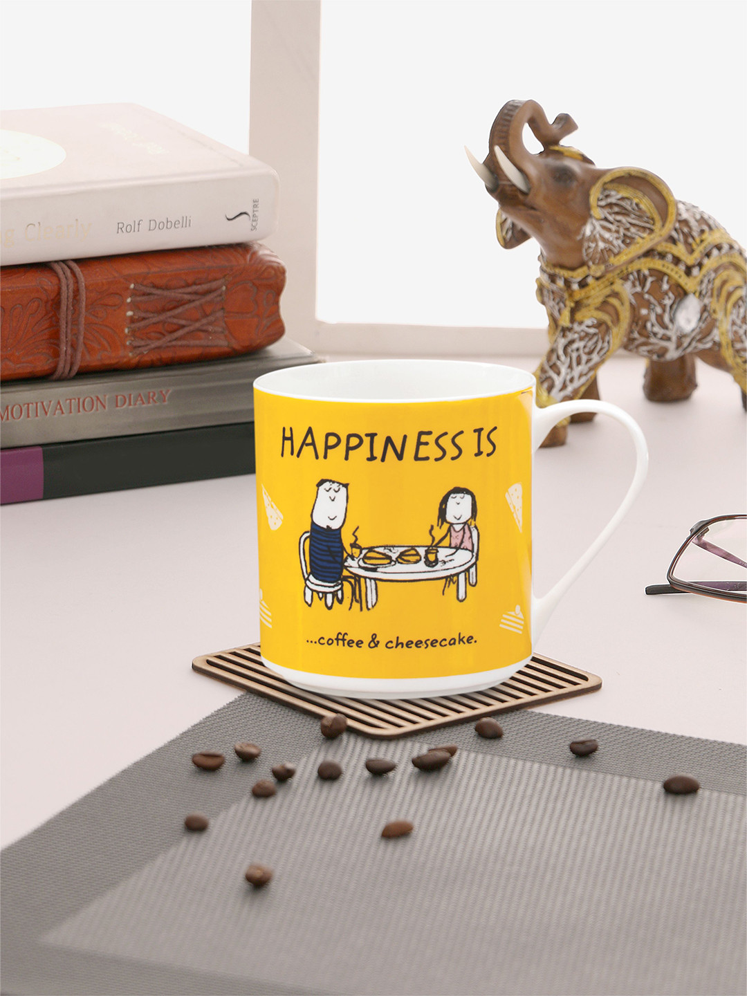 

CLAY CRAFT Yellow & White Printed Ceramic Glossy Mug