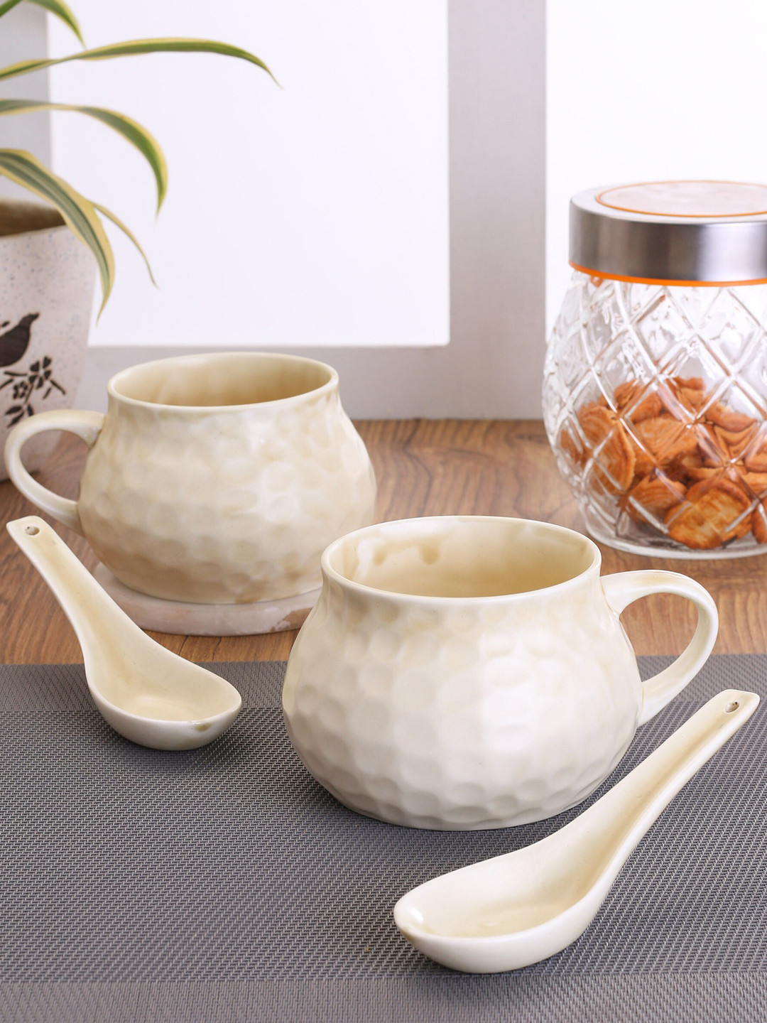 

CLAY CRAFT Cream-Coloured Textured Ceramic Glossy Soup Cups With Spoon