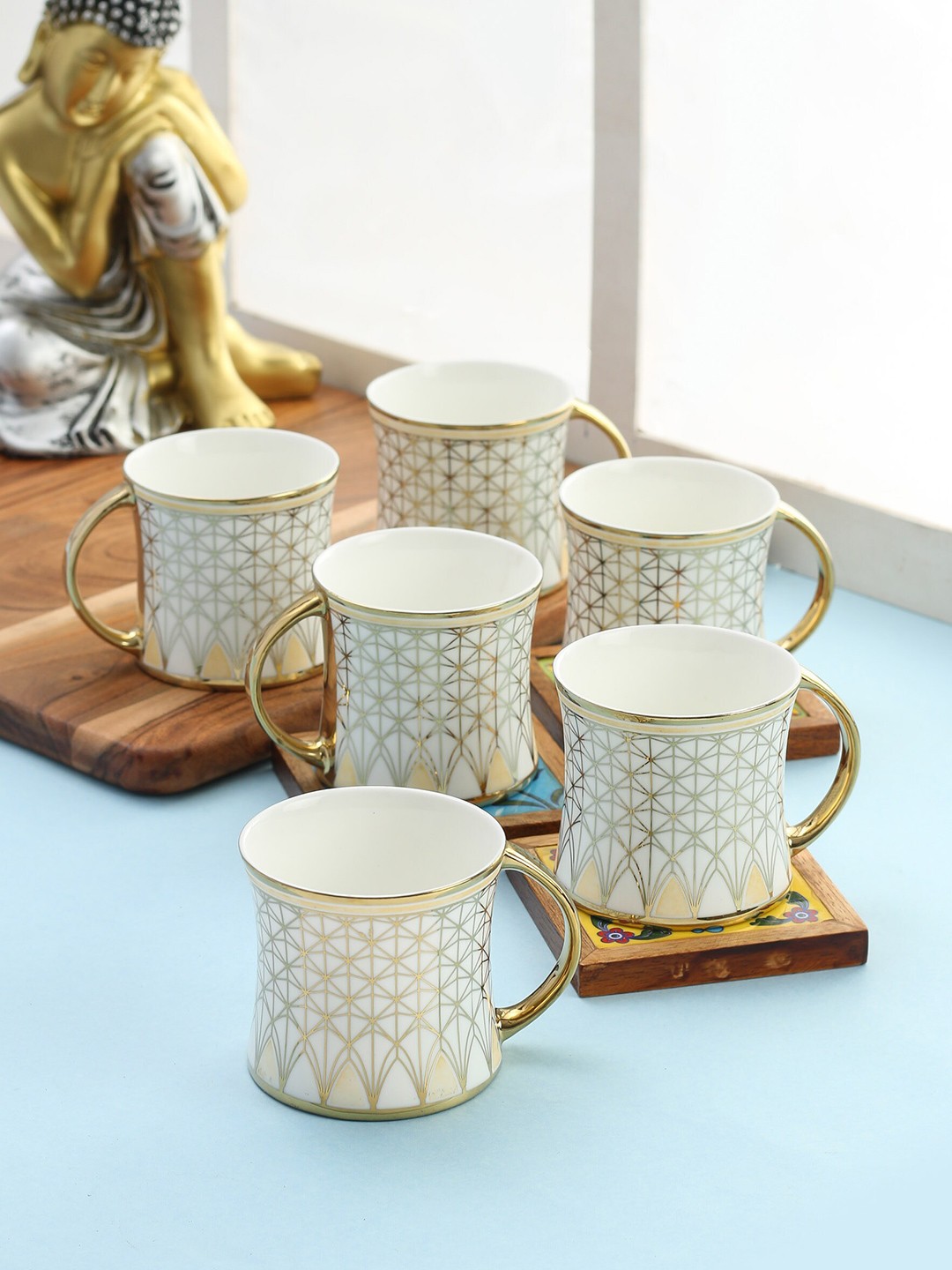 

CLAY CRAFT Set Of 6 White & Gold-Toned Printed Ceramic Glossy Cups