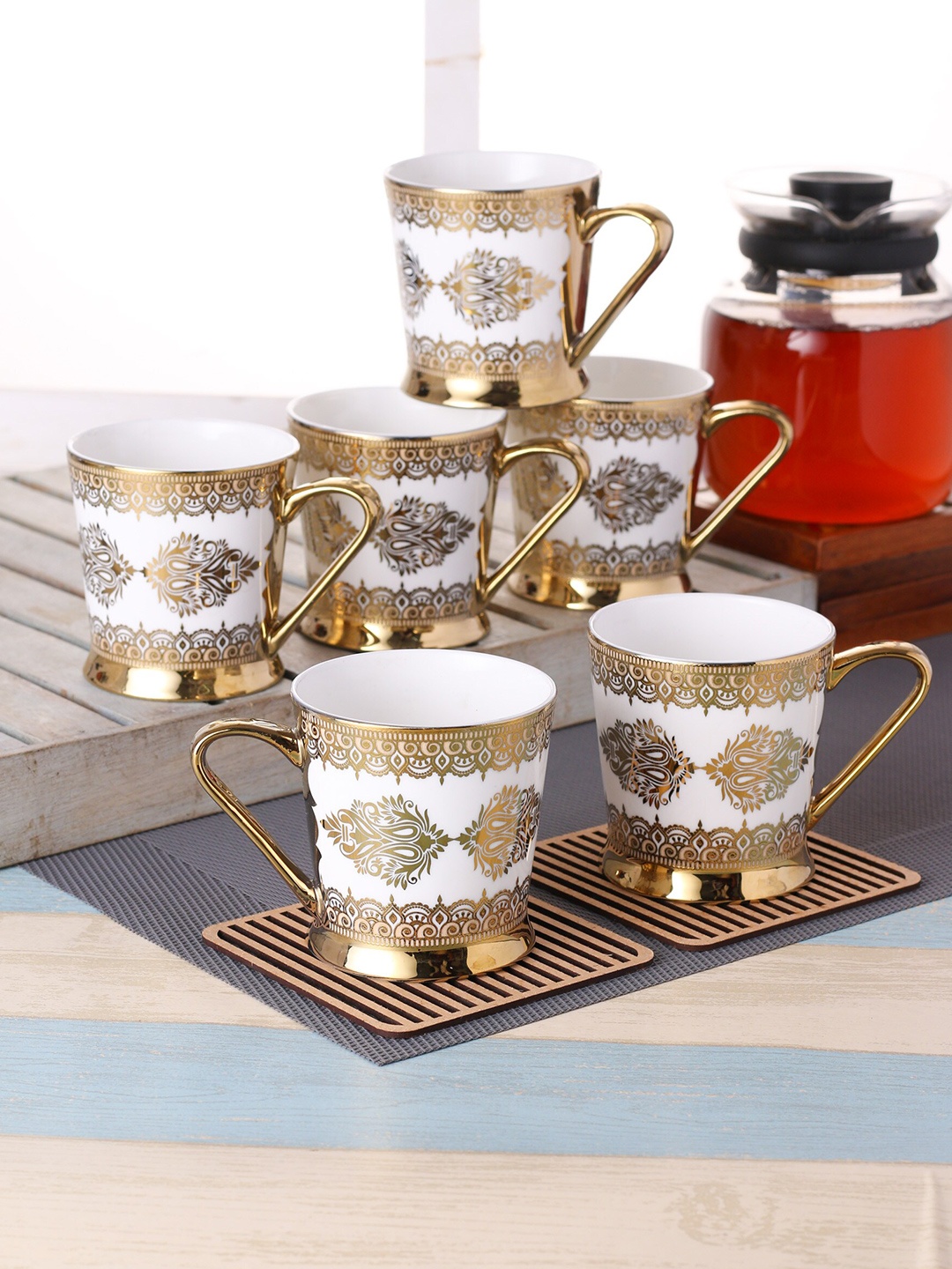 

CLAY CRAFT White & Gold-Toned Printed Ceramic Glossy Cups Set of 6