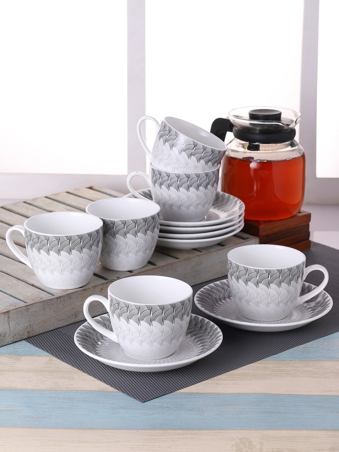 

CLAY CRAFT Set Of 12 White & Black Printed Ceramic Glossy Cups and Saucers