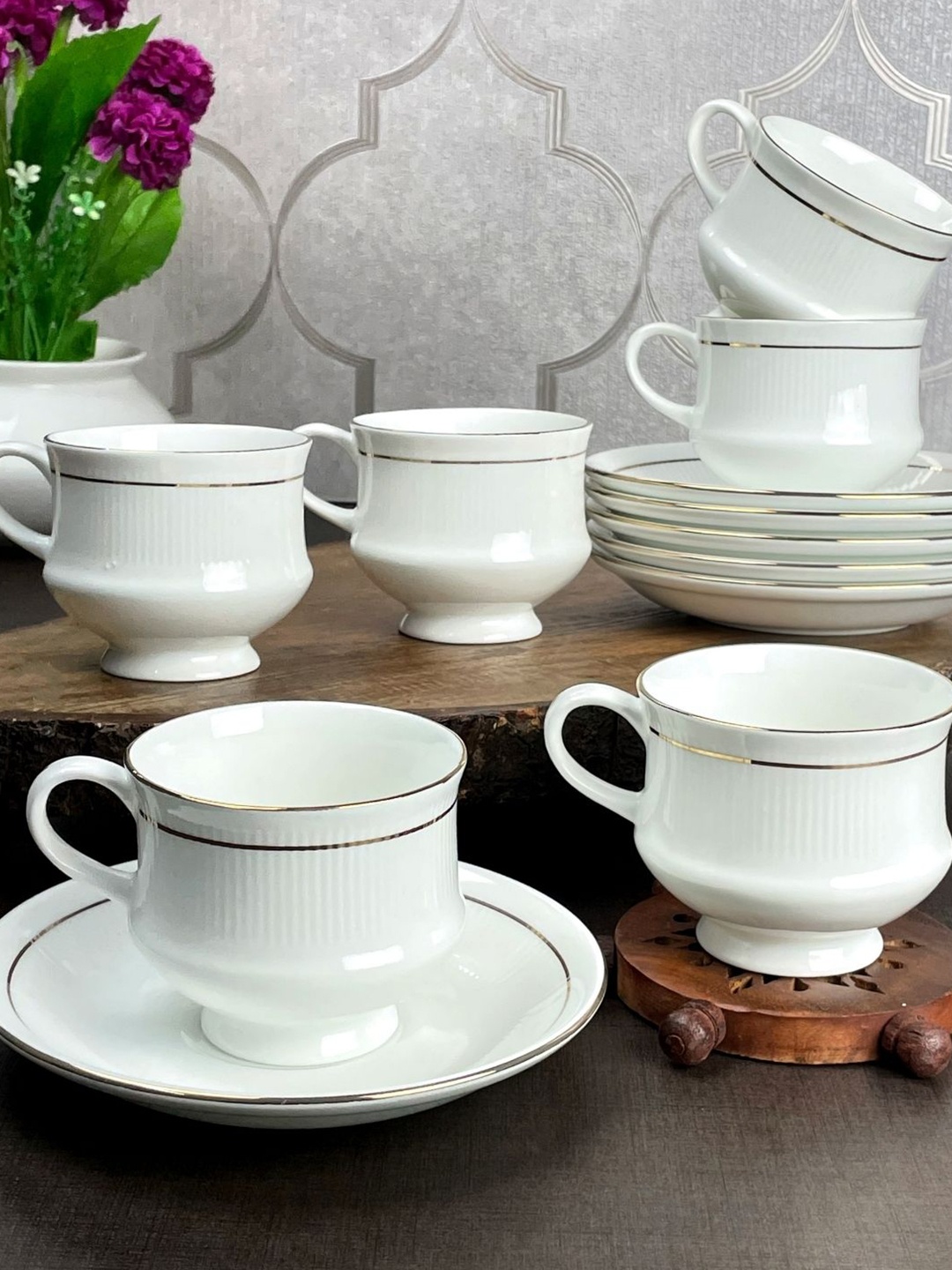 

CLAY CRAFT Set Of 12 White & Gold-Toned Solid Ceramic Glossy Cups and Saucers