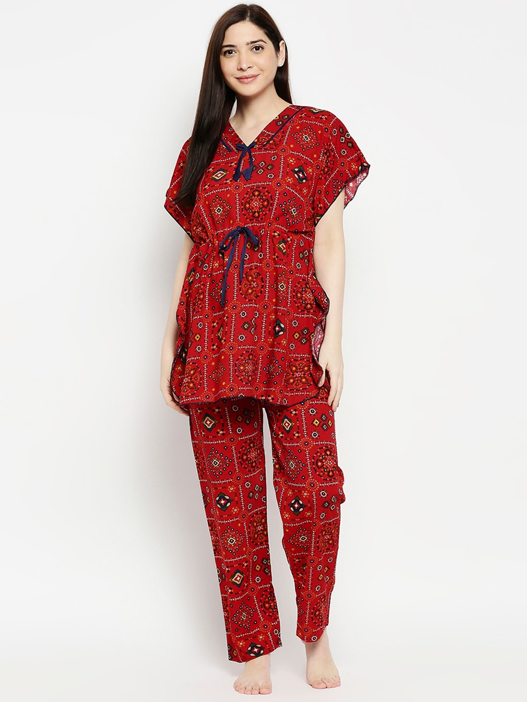 

Pretty Awesome Women Red & White Printed Kaftan Night Suit