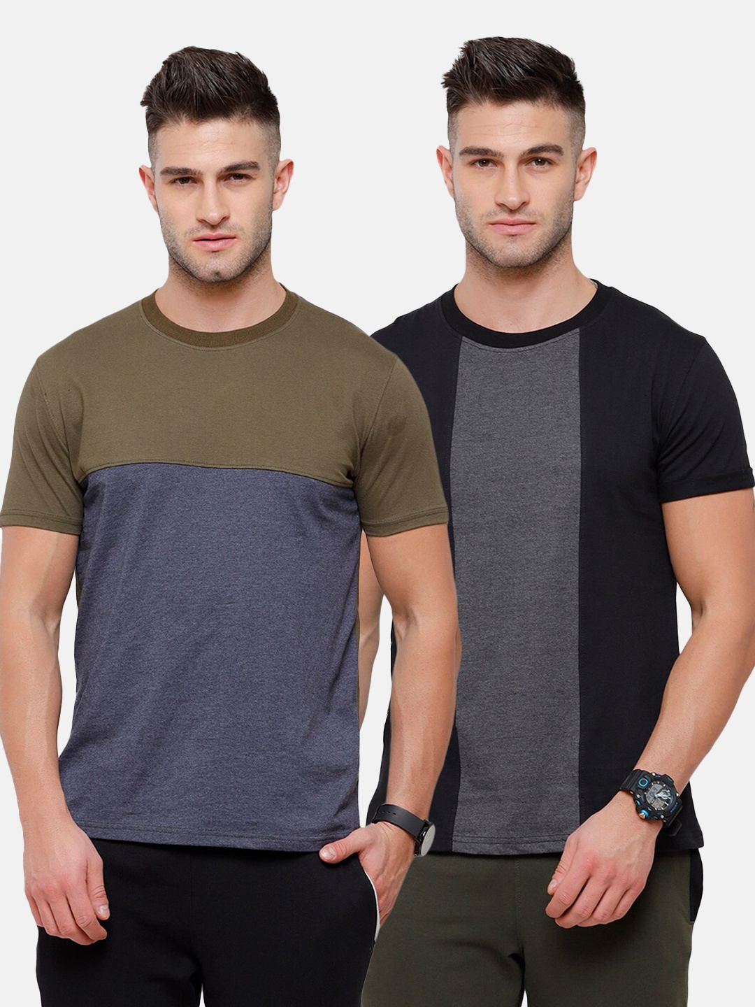 

MADSTO Men Pack Of 2 Black Colourblocked Slim Fit T-shirt