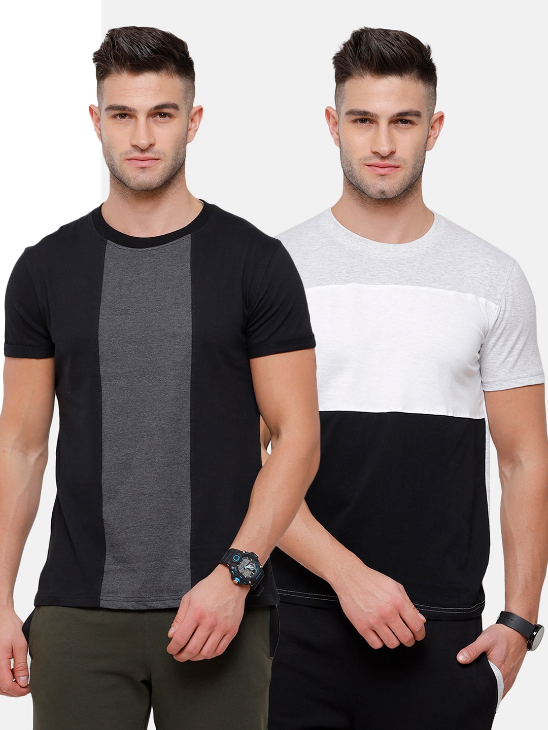 

MADSTO Men Black & White set of 2 Colorblocked Slim Fit T-shirt
