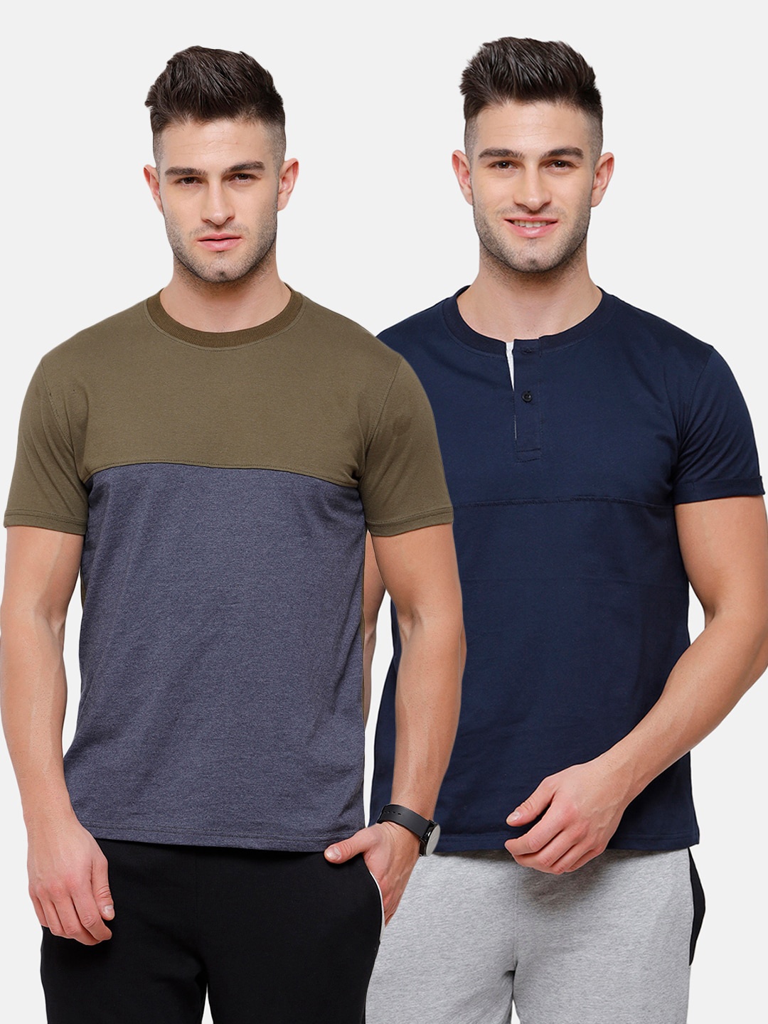 

MADSTO Men Pack Of 2 Navy Blue & Green Slim Fit T-shirt