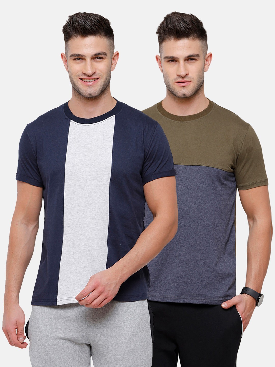 

MADSTO Men Navy Blue 2 Colourblocked Slim Fit T-shirt