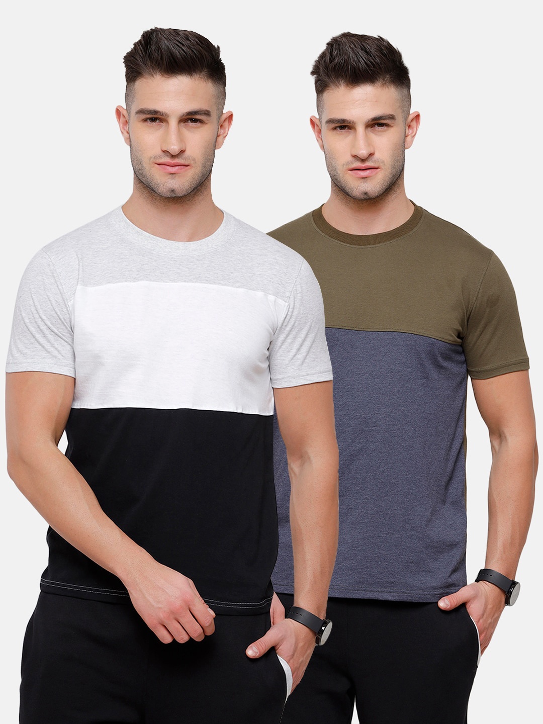 

MADSTO Men Black Pack Of 2 Colourblocked Slim Fit T-shirt