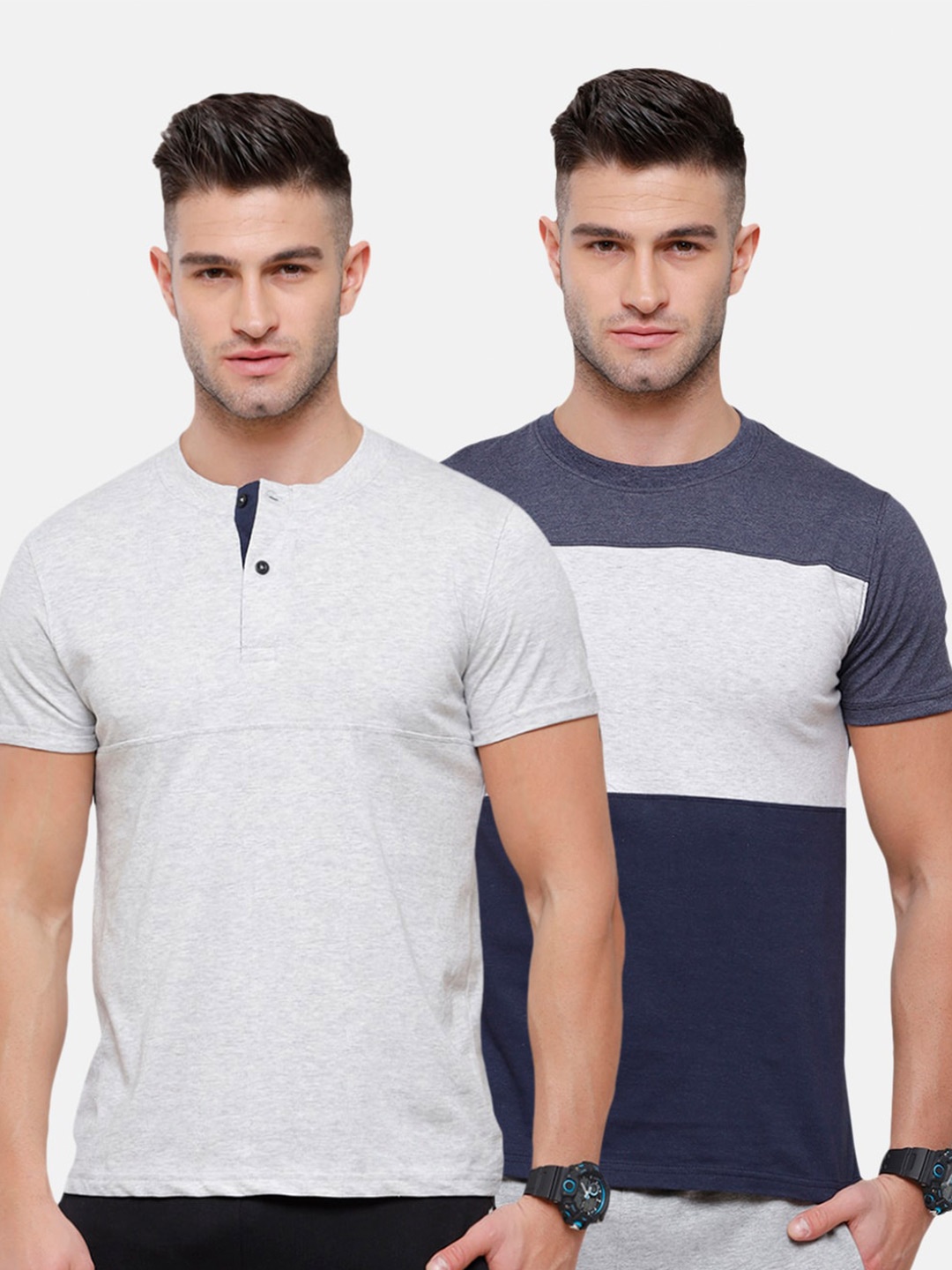 

MADSTO Men Navy Blue Set of 2 Striped Slim Fit T-shirt