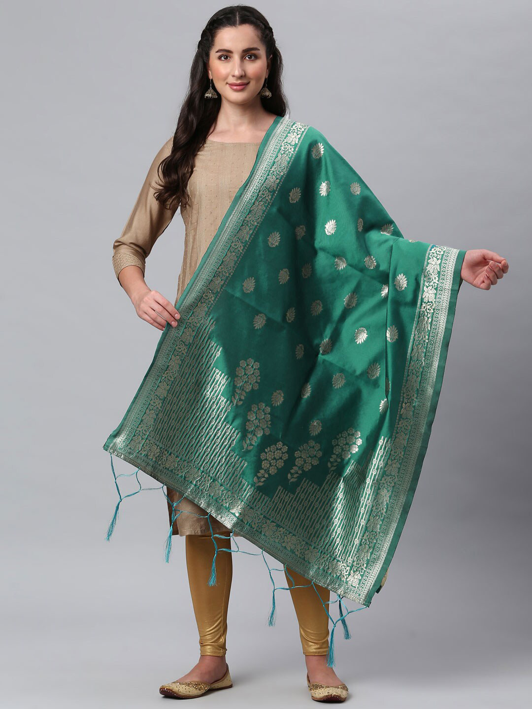 

Lilots Sea Green & Gold-Toned Ethnic Motifs Woven Design Dupatta