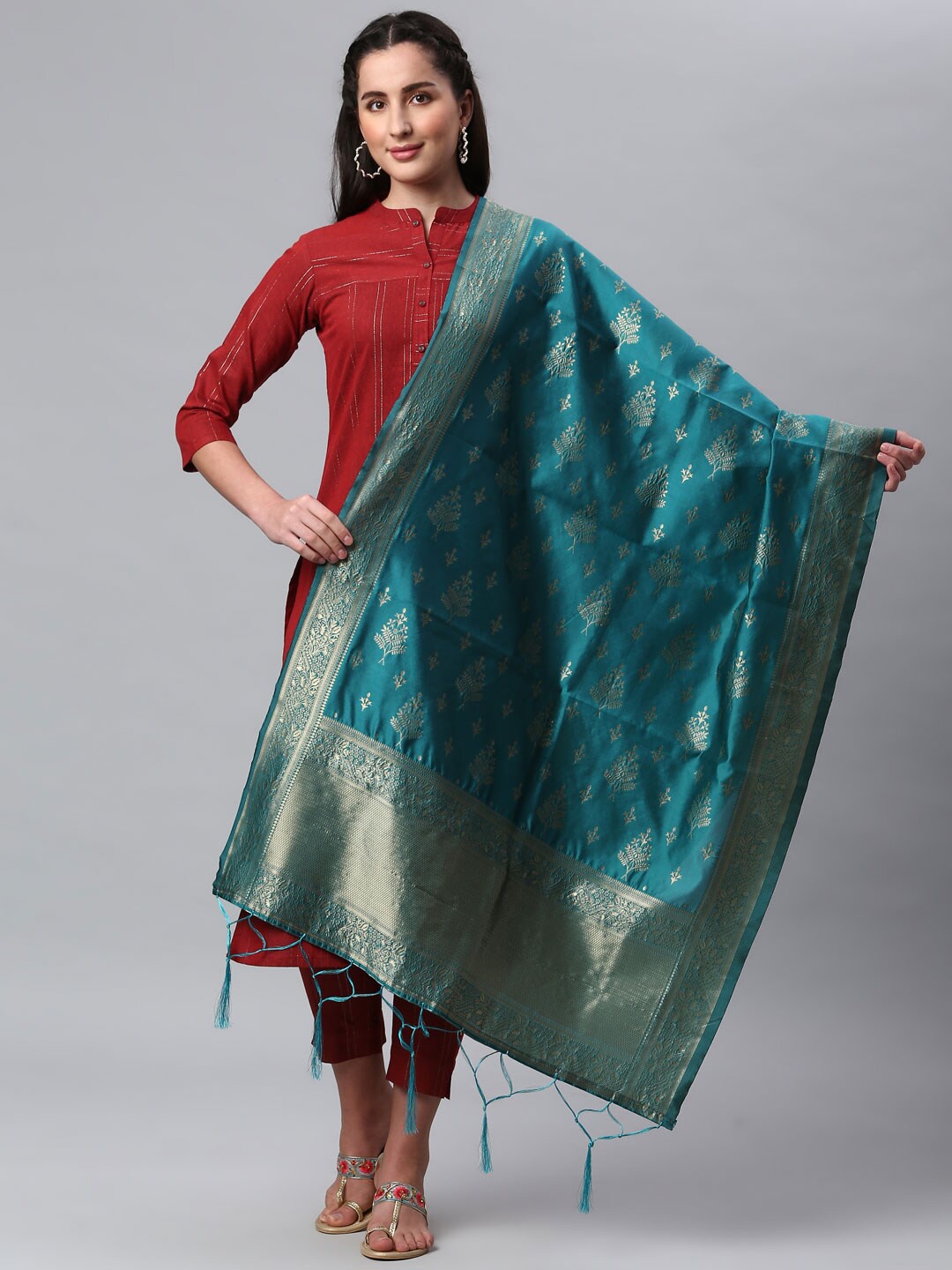 

Lilots Sea Green & Gold-Toned Ethnic Motifs Woven Design Dupatta