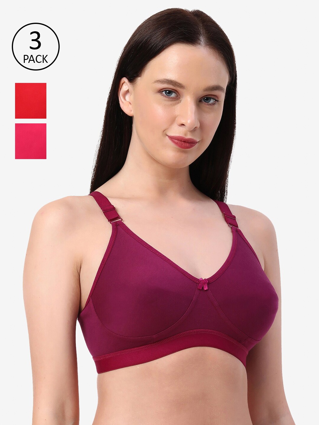 

Planetinner Pack of 3 Non Padded Non Wired Everyday Wear Full Coverage Bra CB7-C3, Red