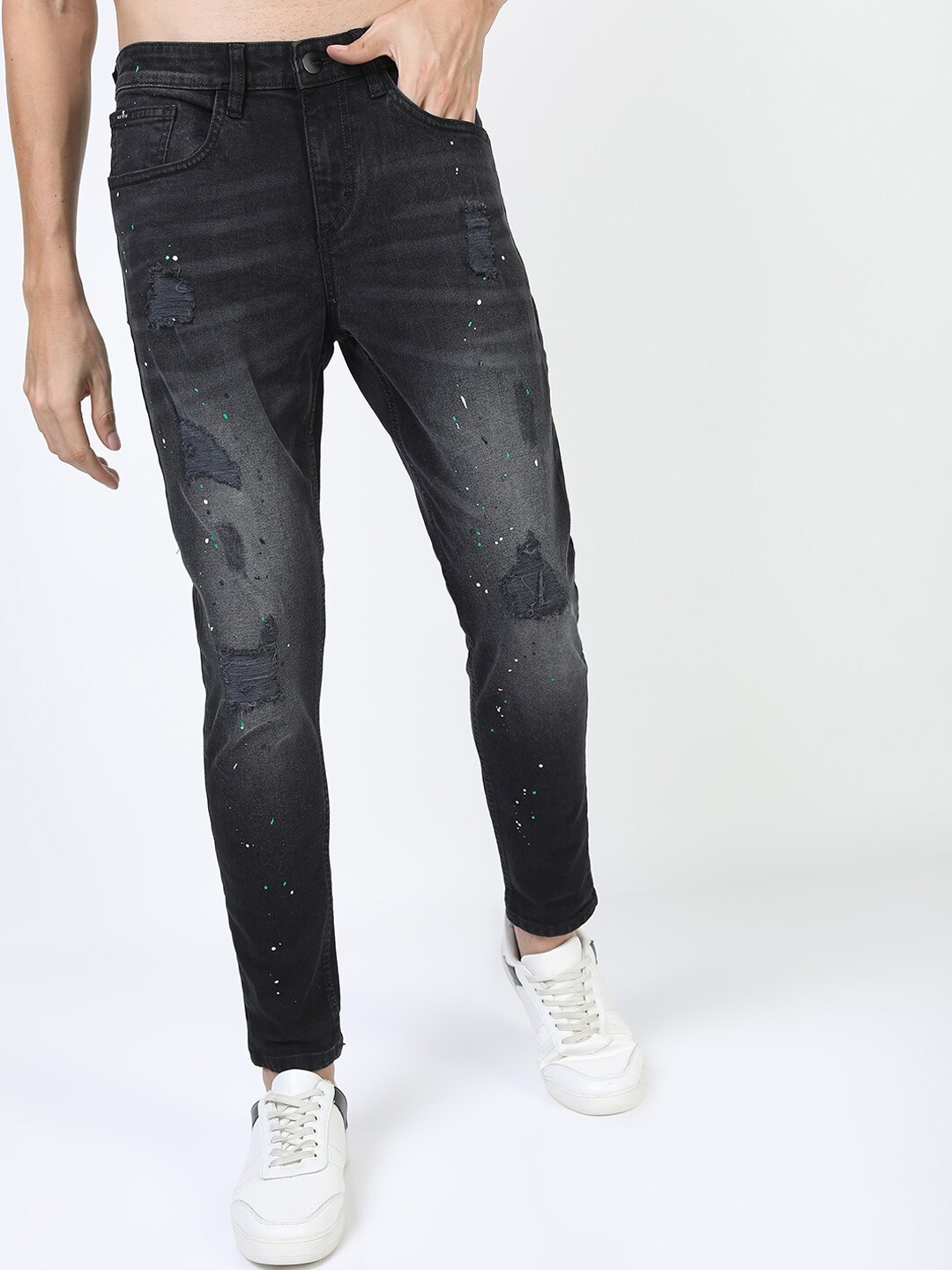 

KETCH Men Black Tapered Fit Mildly Distressed Light Fade Stretchable Cotton Jeans