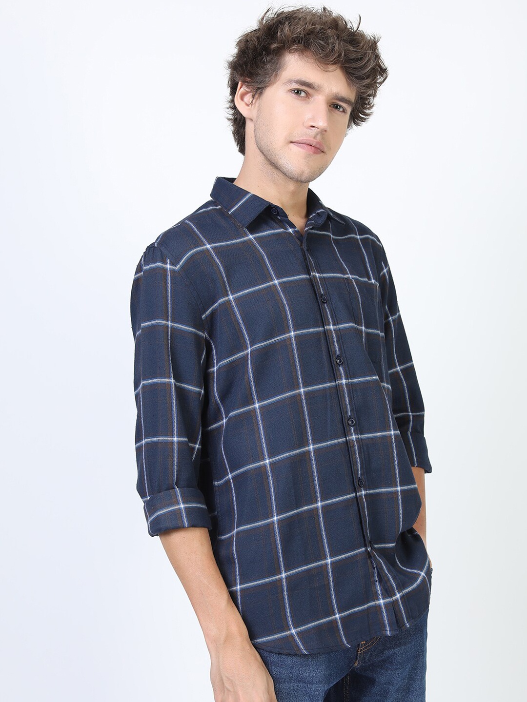 KETCH Men Navy Blue Slim Fit Windowpane Checked Casual Shirt