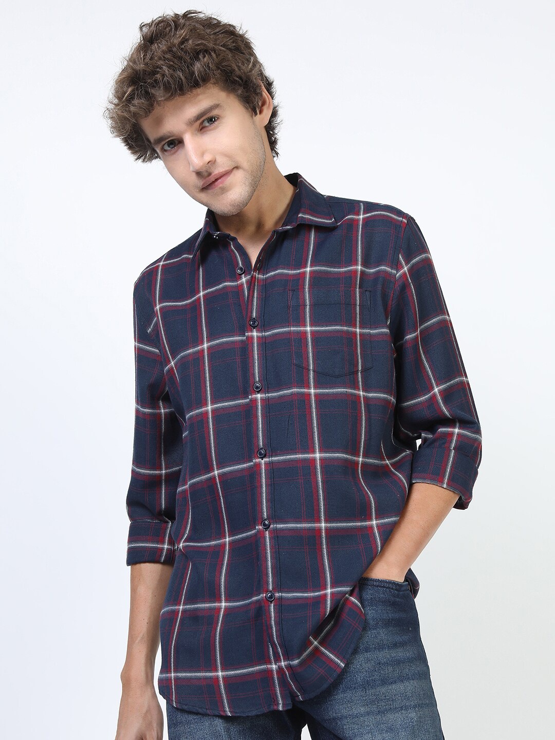 

KETCH Men Navy Blue Slim Fit Windowpane Checks Checked Casual Shirt