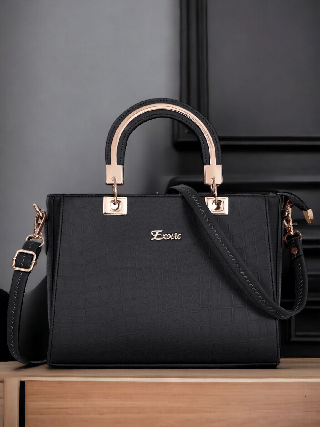 

Exotic Black PU Structured Handheld Bag