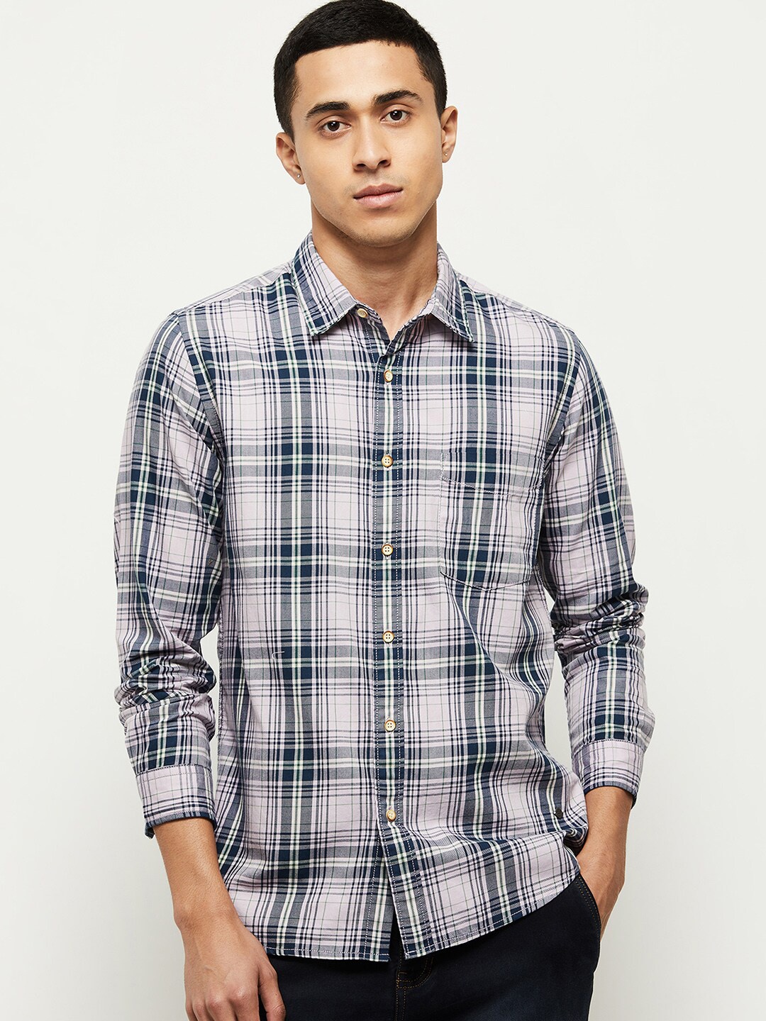 

max Men Purple Tartan Checks Checked Casual Shirt