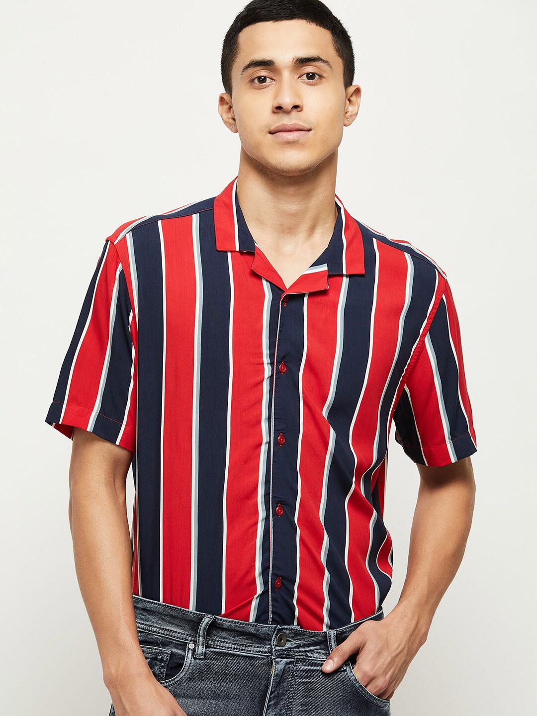 

max Men Red Striped Casual Shirt