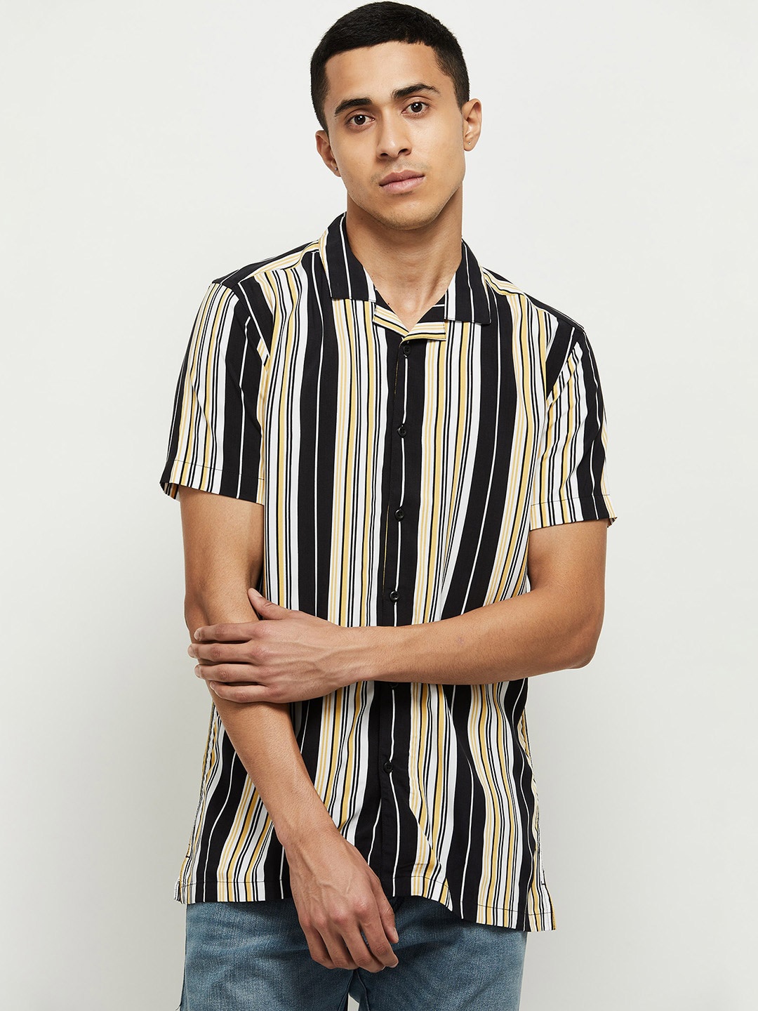 

max Men Black & Yellow Striped Casual Shirt