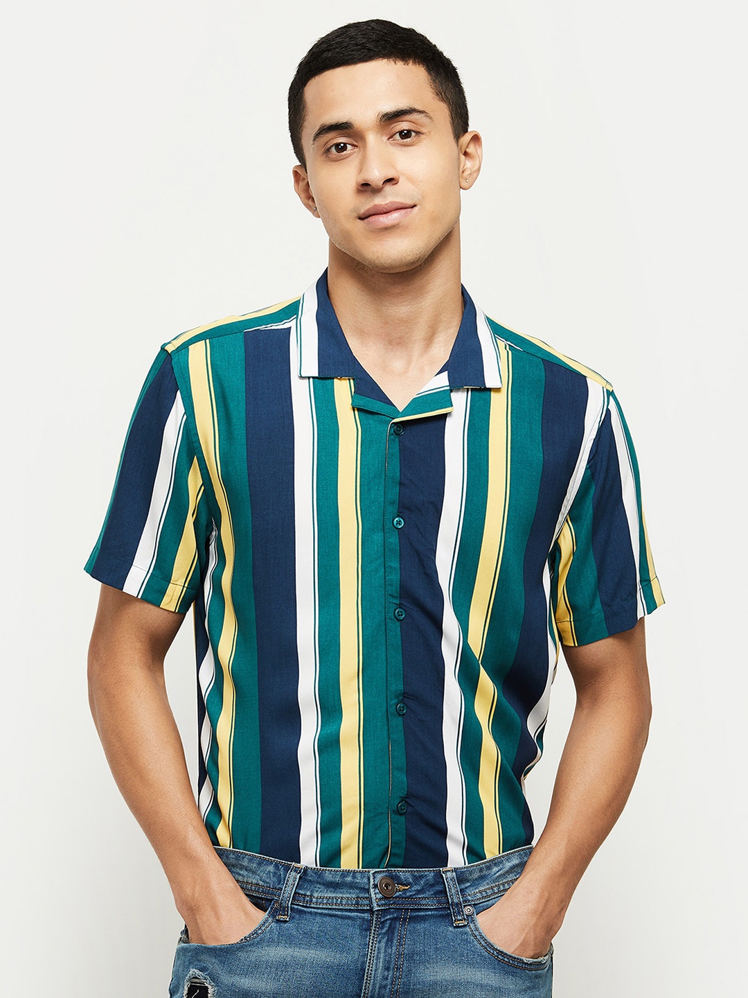 

max Men Green Multi Stripes Striped Casual Shirt