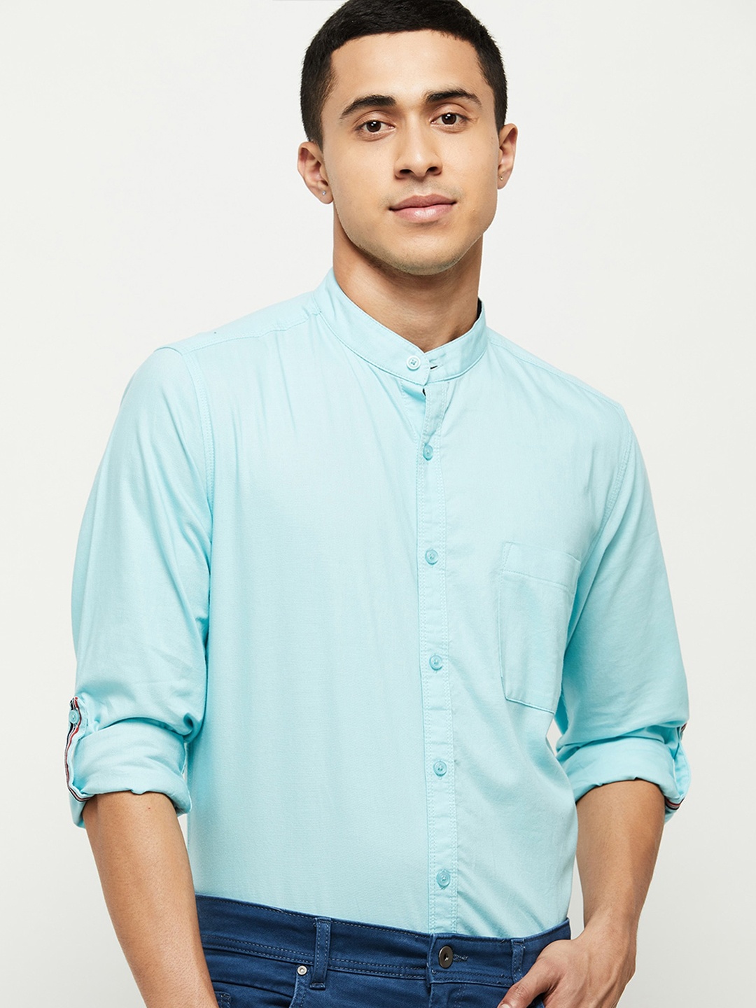 

max Men Blue Casual Mandarin Collar Shirt