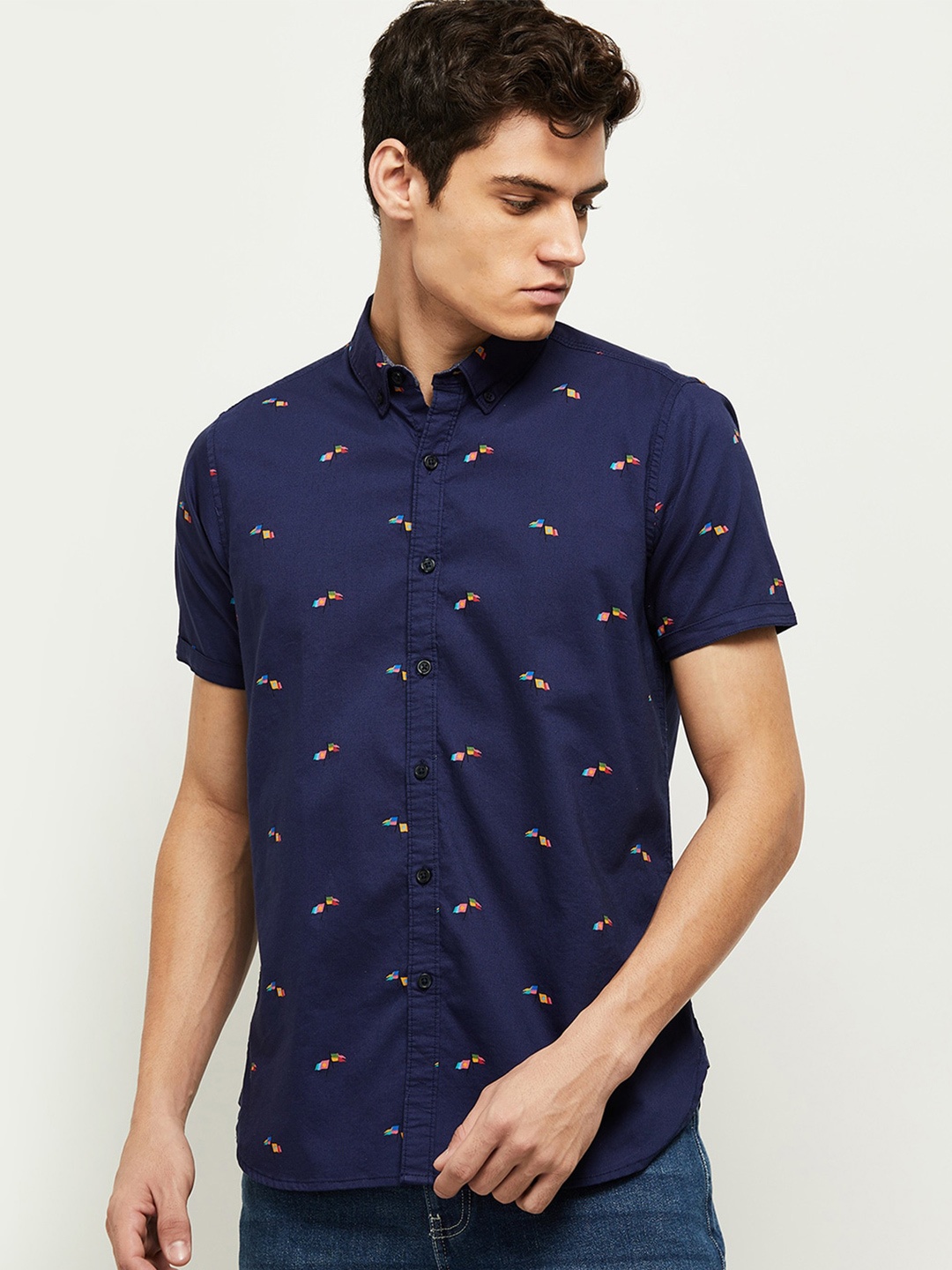 

max Men Navy Blue Printed Casual Shirt