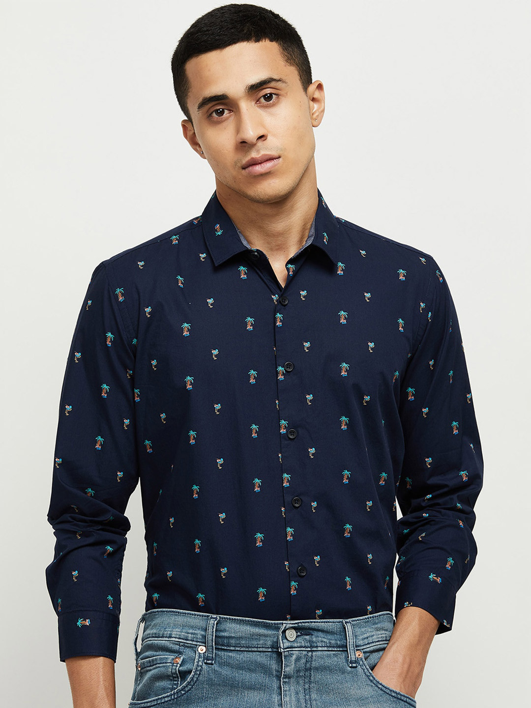 

max Men Navy Blue Printed Casual Shirt
