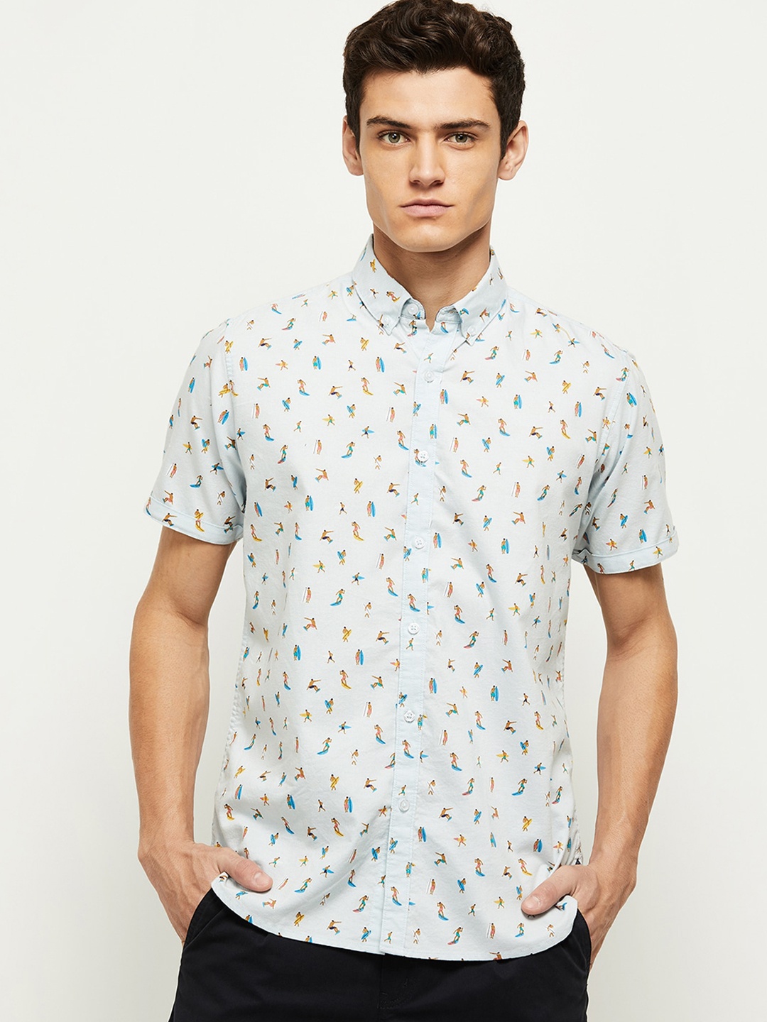 

max Men Blue Printed Casual Shirt