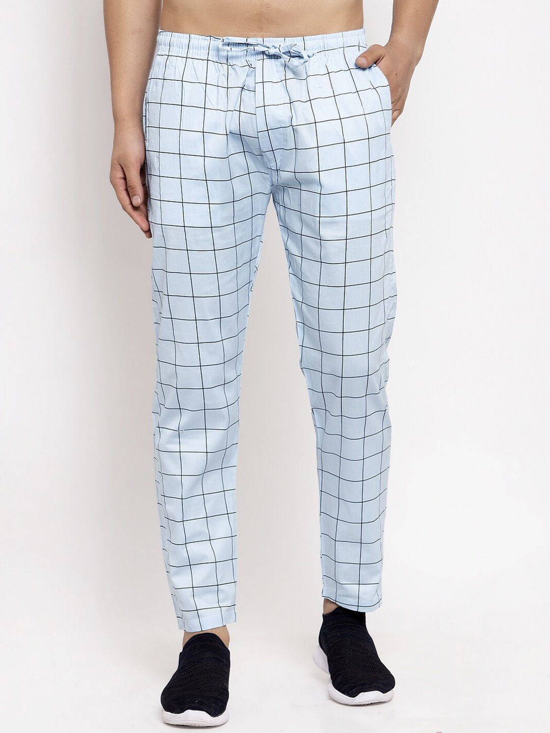

JAINISH Men Turquoise Blue Checked Cotton Track Pant