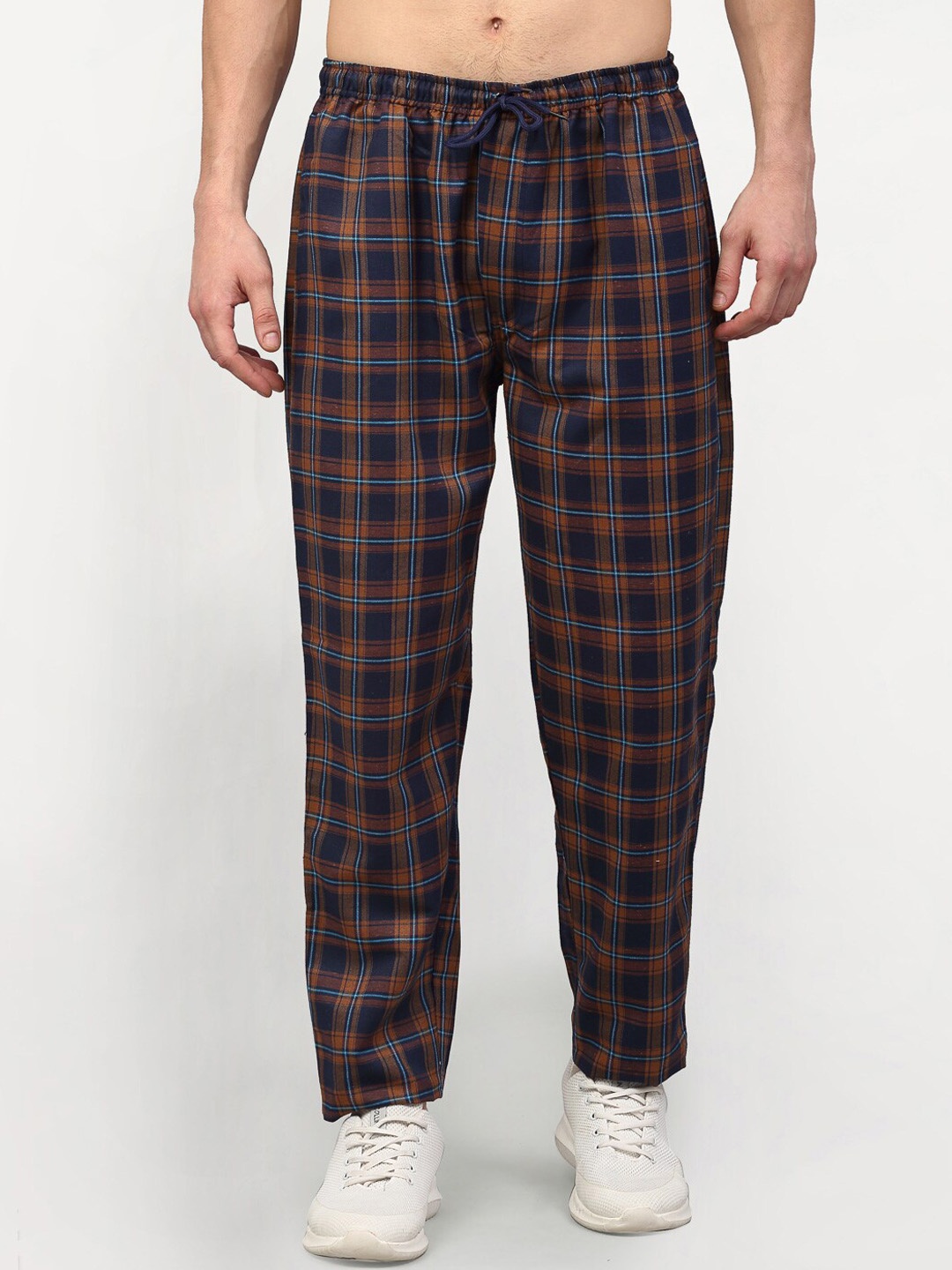 

JAINISH Men Orange & Blue Checked Pure Cotton Track Pants