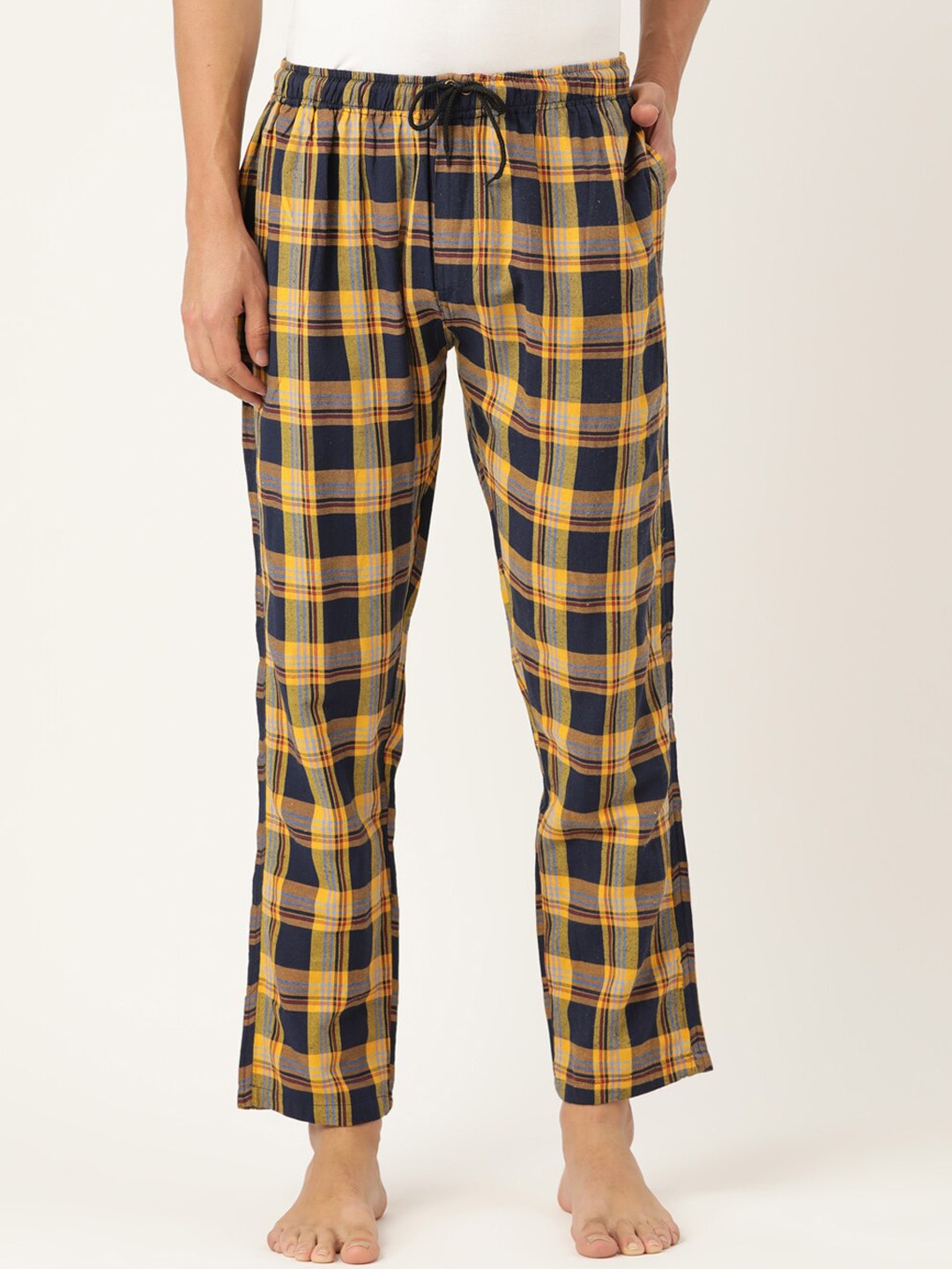 

JAINISH Men Yellow & Blue Checked Cotton Track Pant