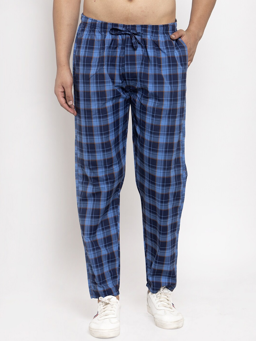 

JAINISH Men Blue & Brown Checked Pure Cotton Track Pant