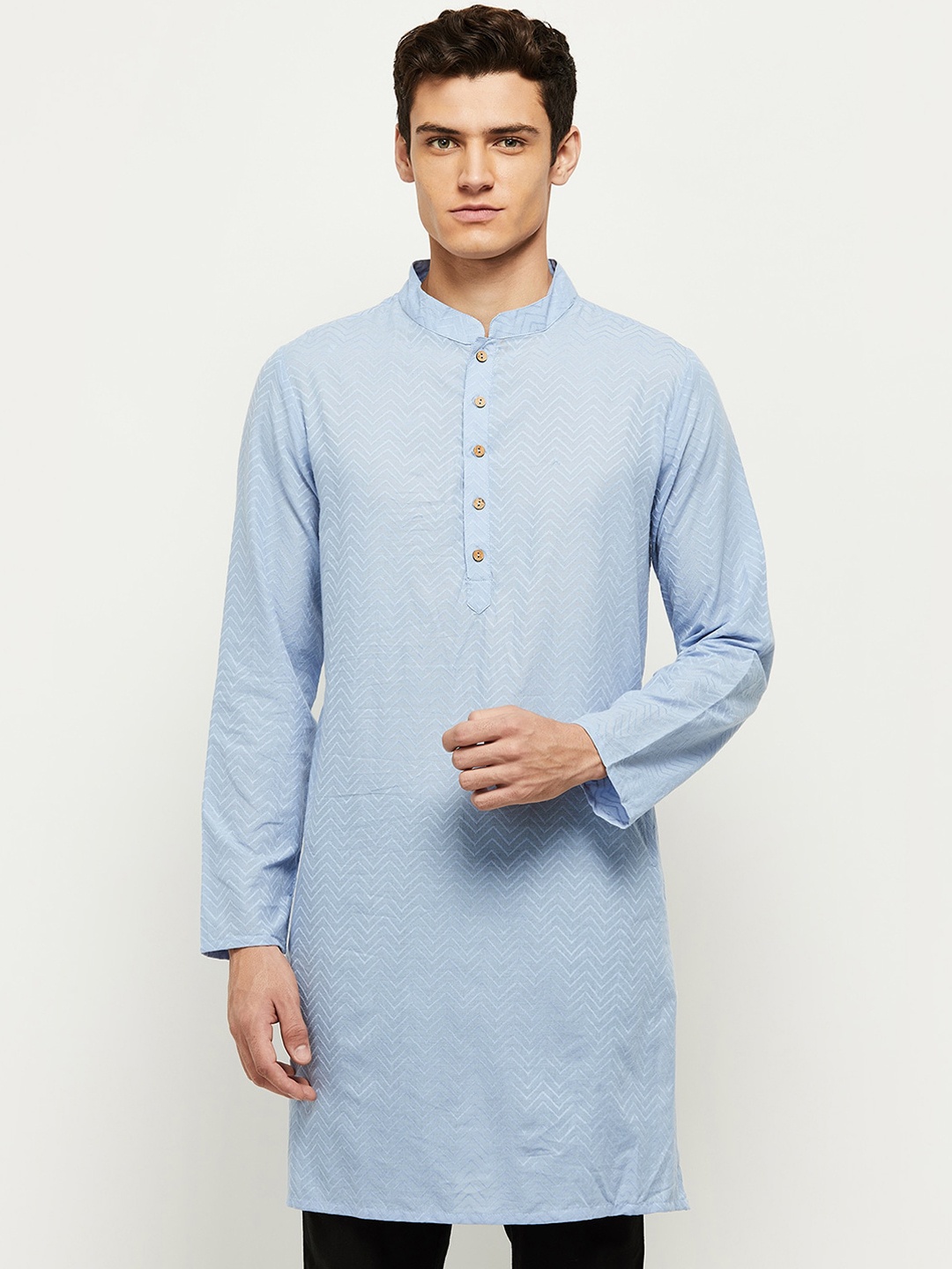 

max Men Blue Chevron Embroidered Straight Kurta