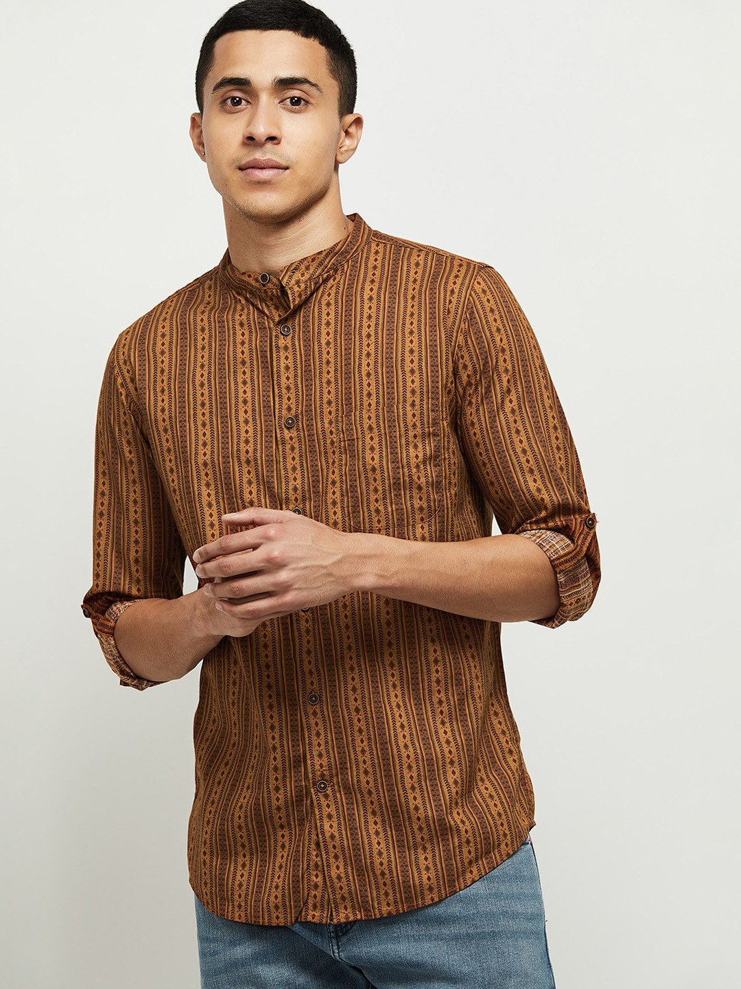 

max Men Brown & Mustard Striped Cotton Casual Shirt