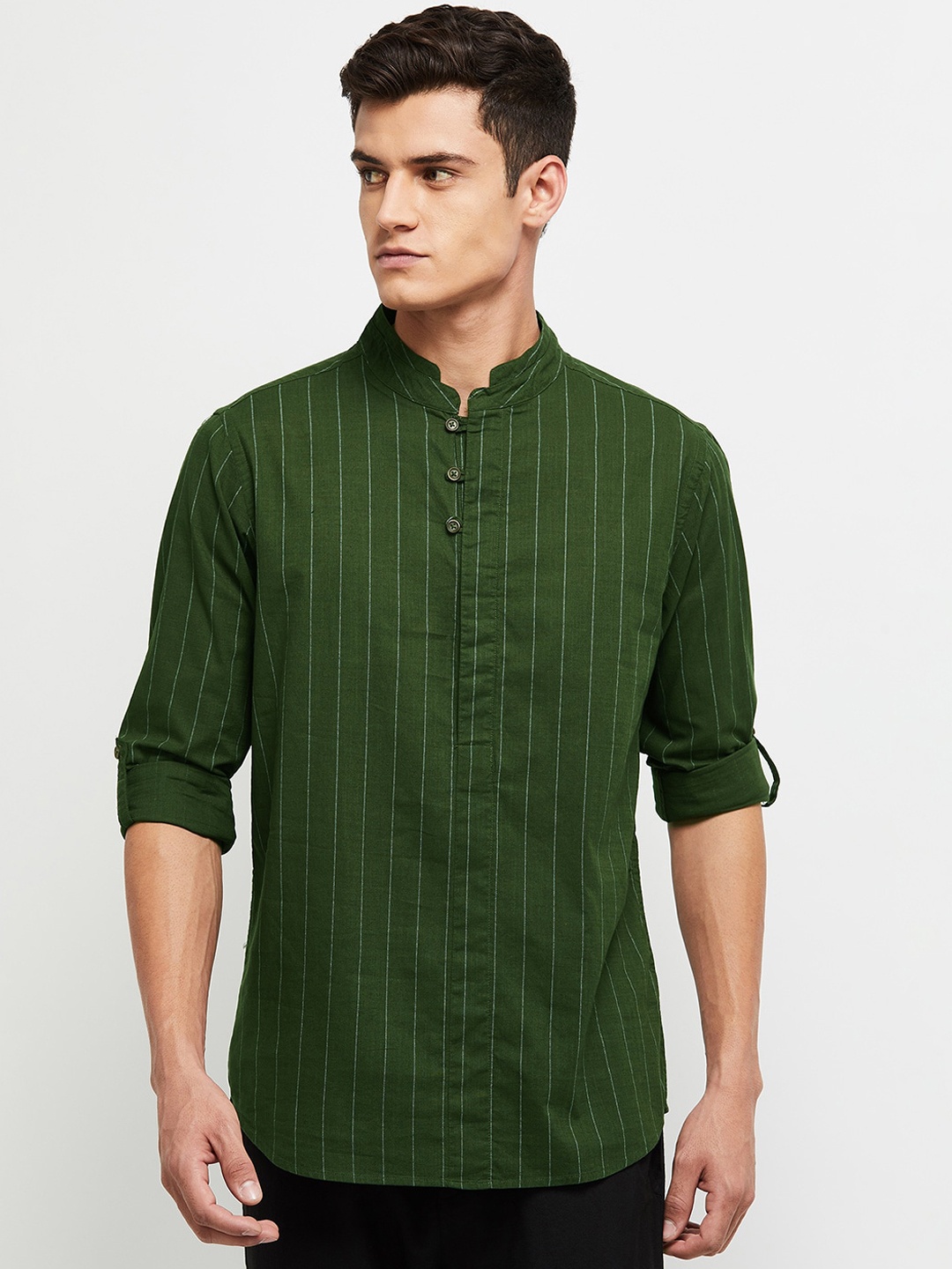 

max Men Green Striped Pure Cotton Kurta