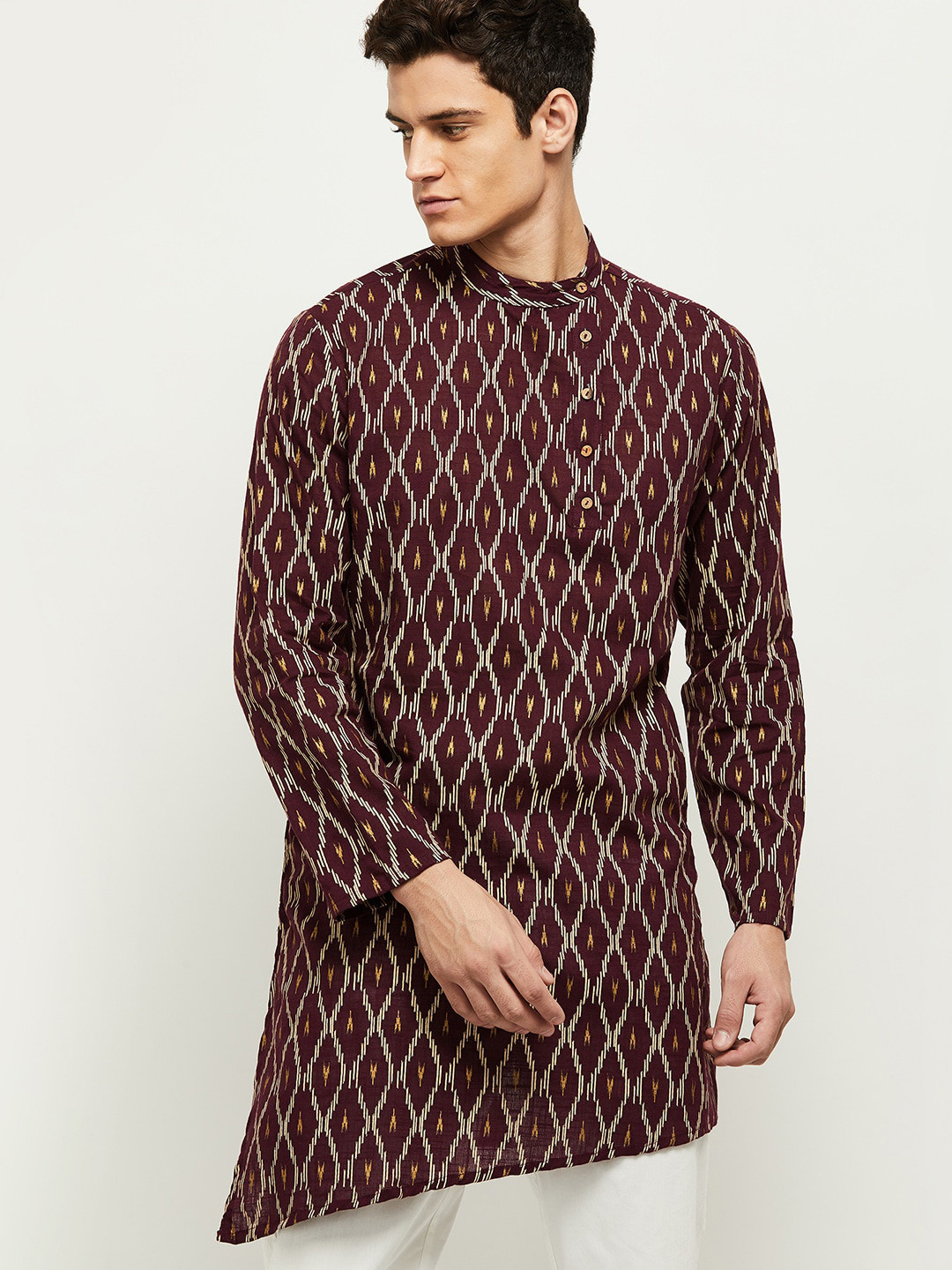 

max Men Maroon Woven Design Cotton Angrakha Kurta
