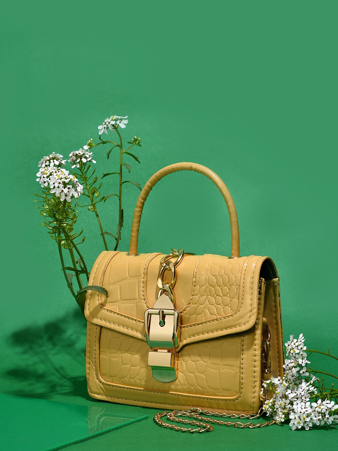 

HAUTE SAUCE by Campus Sutra Yellow Textured Structured Satchel Bag