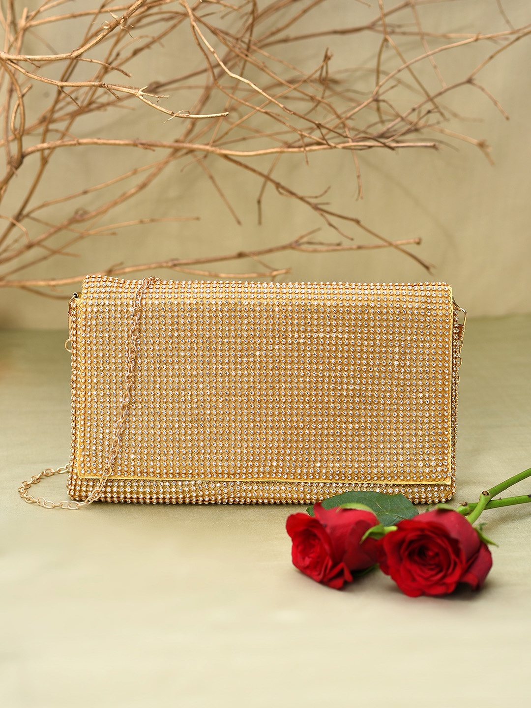 

HAUTE SAUCE by Campus Sutra Gold-Toned Embellished Envelope Clutch