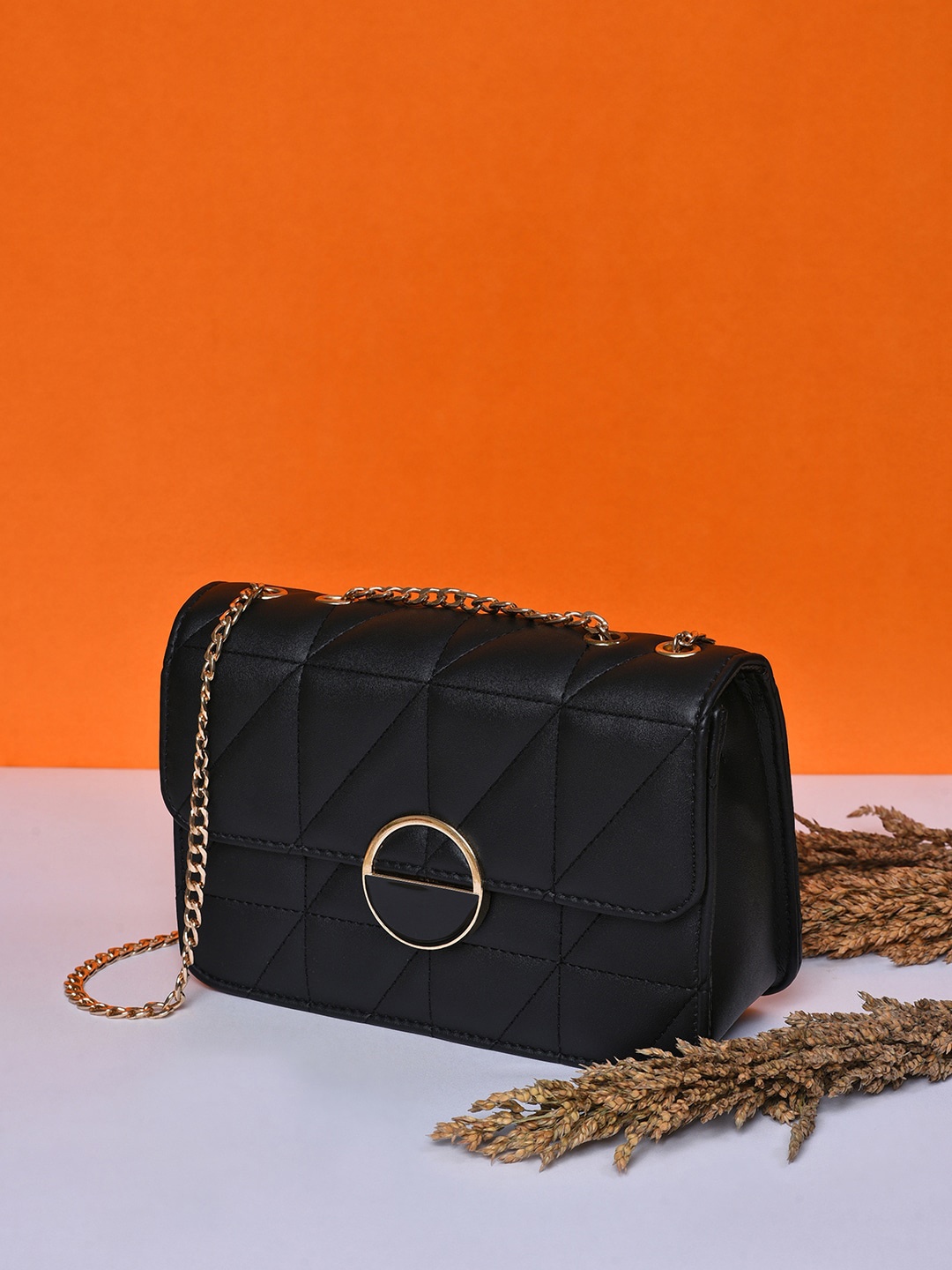 

HAUTE SAUCE by Campus Sutra Black Textured Structured Sling Bag with Chain Strap