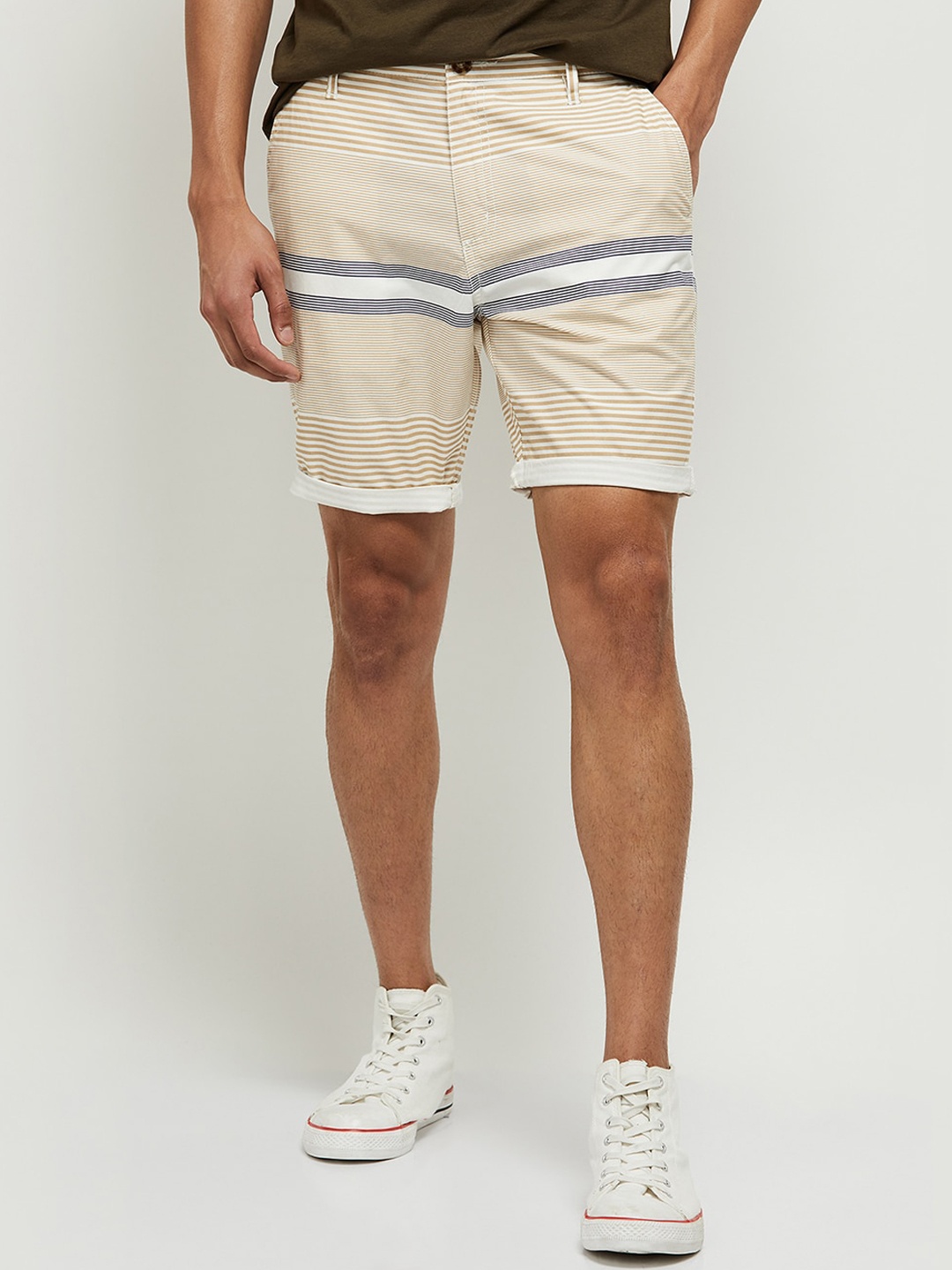 

max Men Beige Striped Cotton Regular Shorts