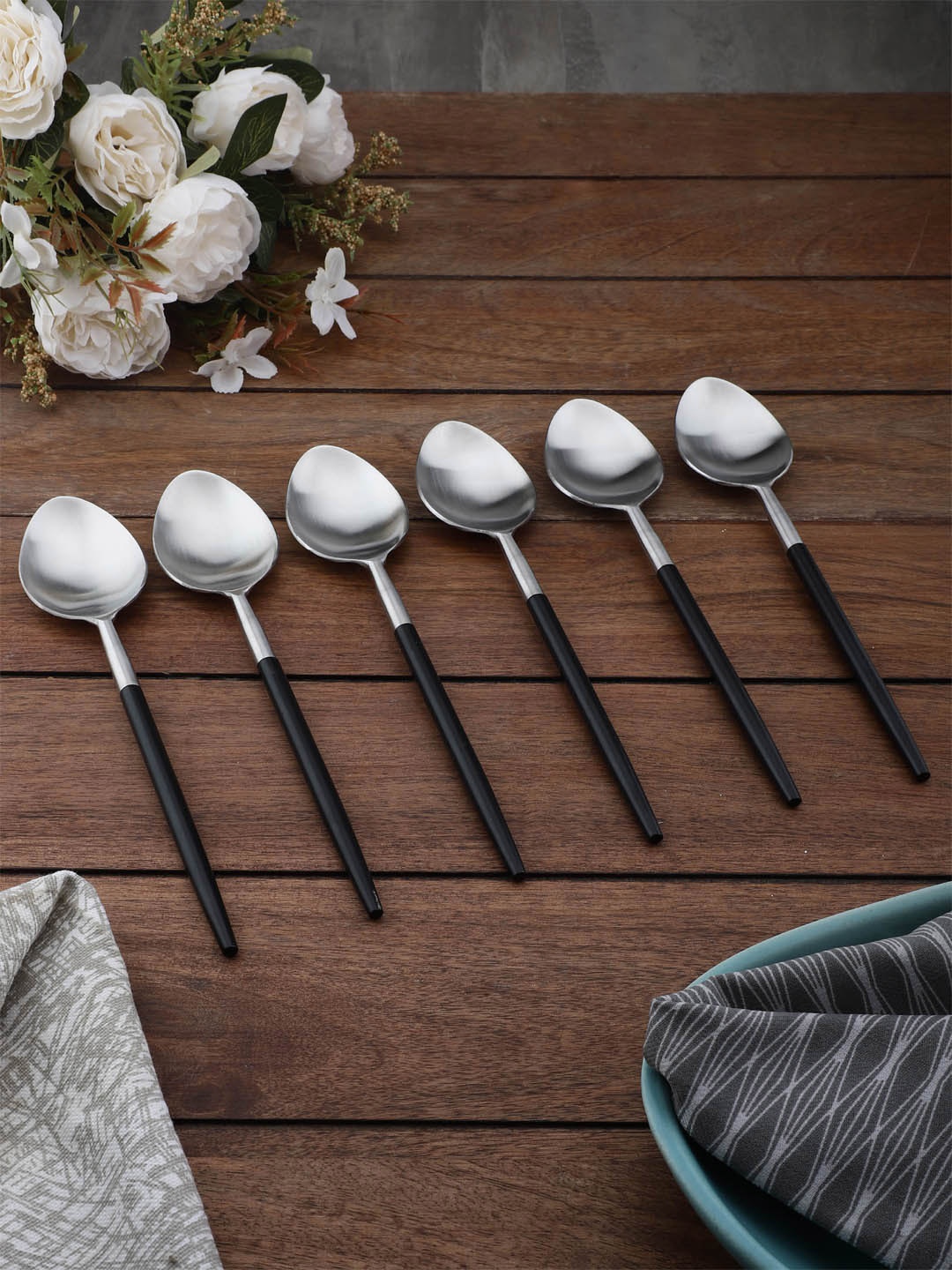 

VarEesha Set of 6 Black Handle Matt Steel Table Spoons