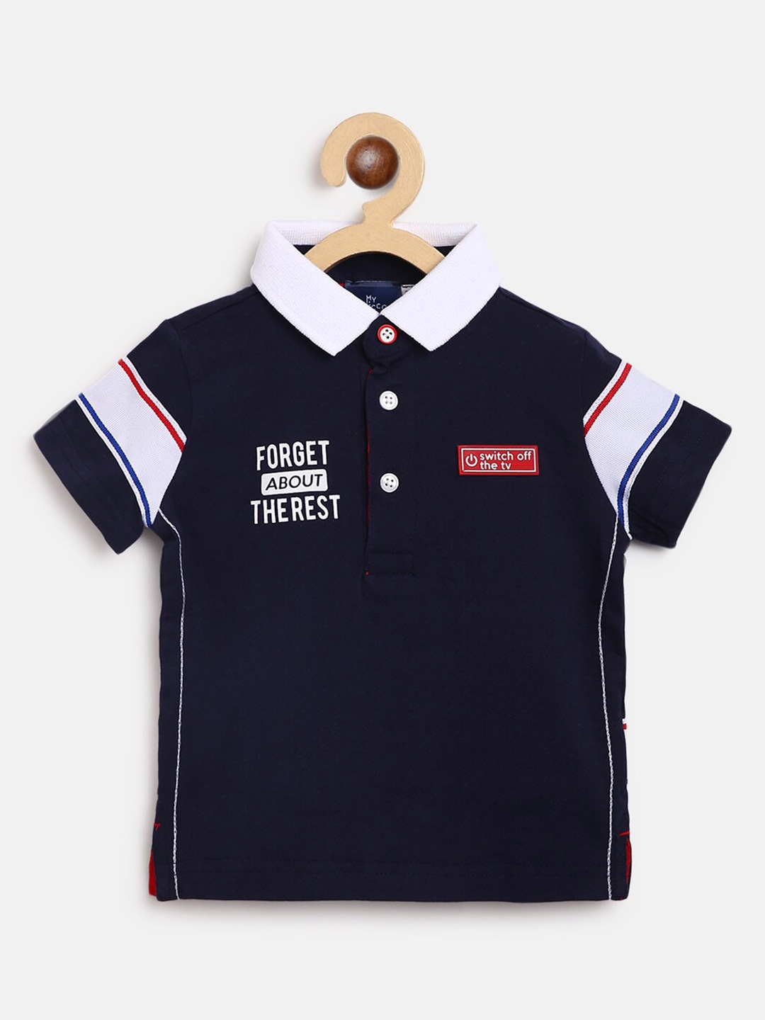 

Chicco Boys Navy Blue & White Typography Colourblocked Polo Collar Pure Cotton T-shirt