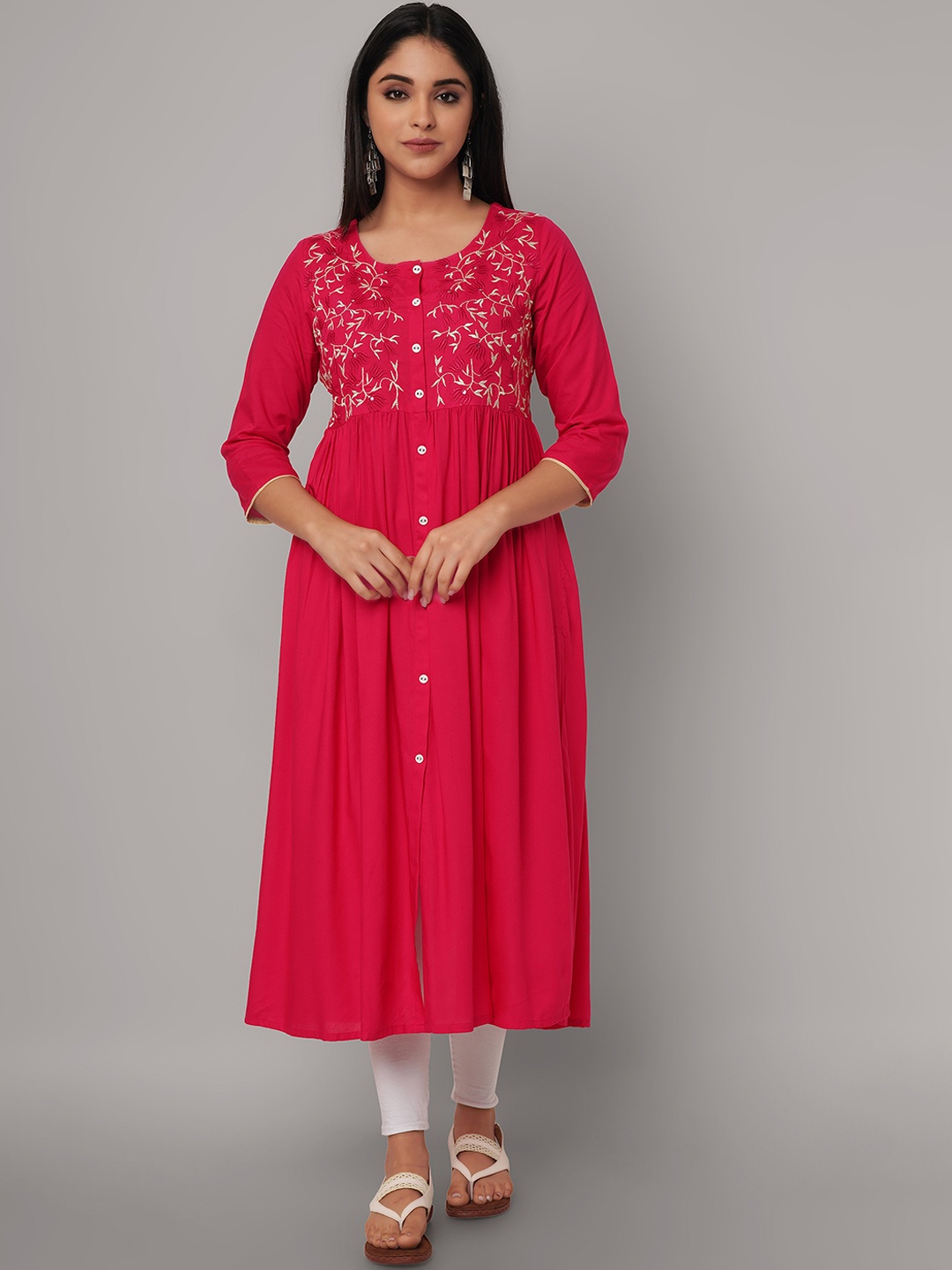 

Ashlee Women Pink Floral Yoke Design Thread Work Kurta