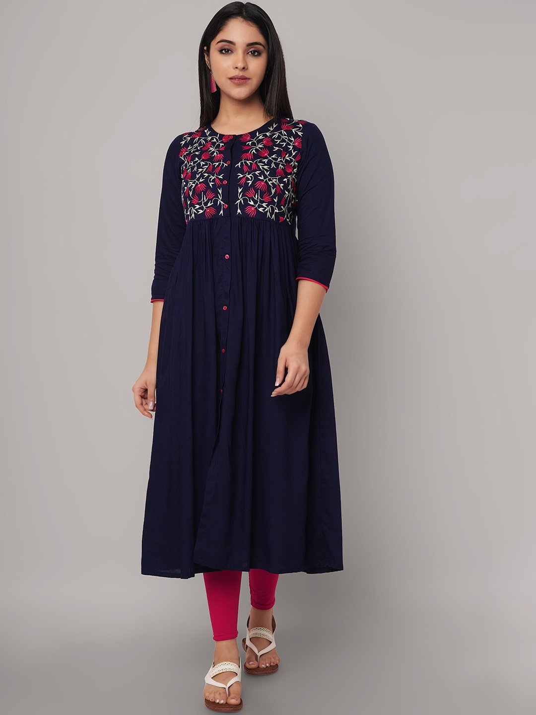 

Ashlee Women Navy Blue Floral Yoke Design Thread Work Anarkali Kurta