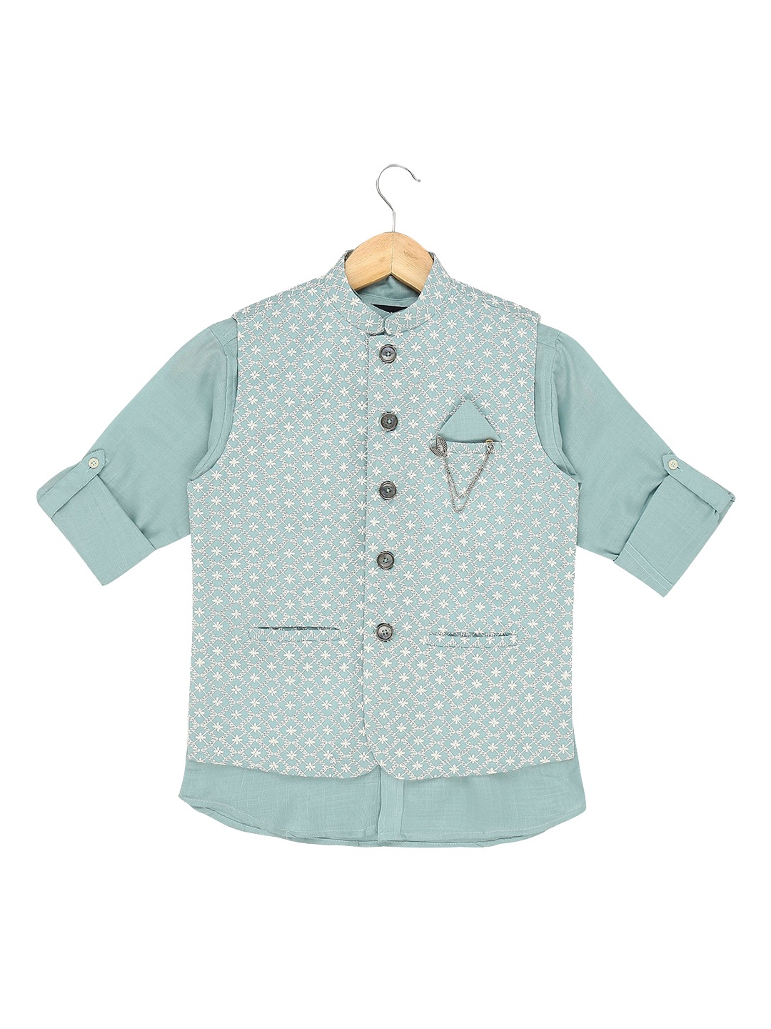 

CAVIO Boys Ferozi Schiffli Nehru Jacket With Shirt, Turquoise blue