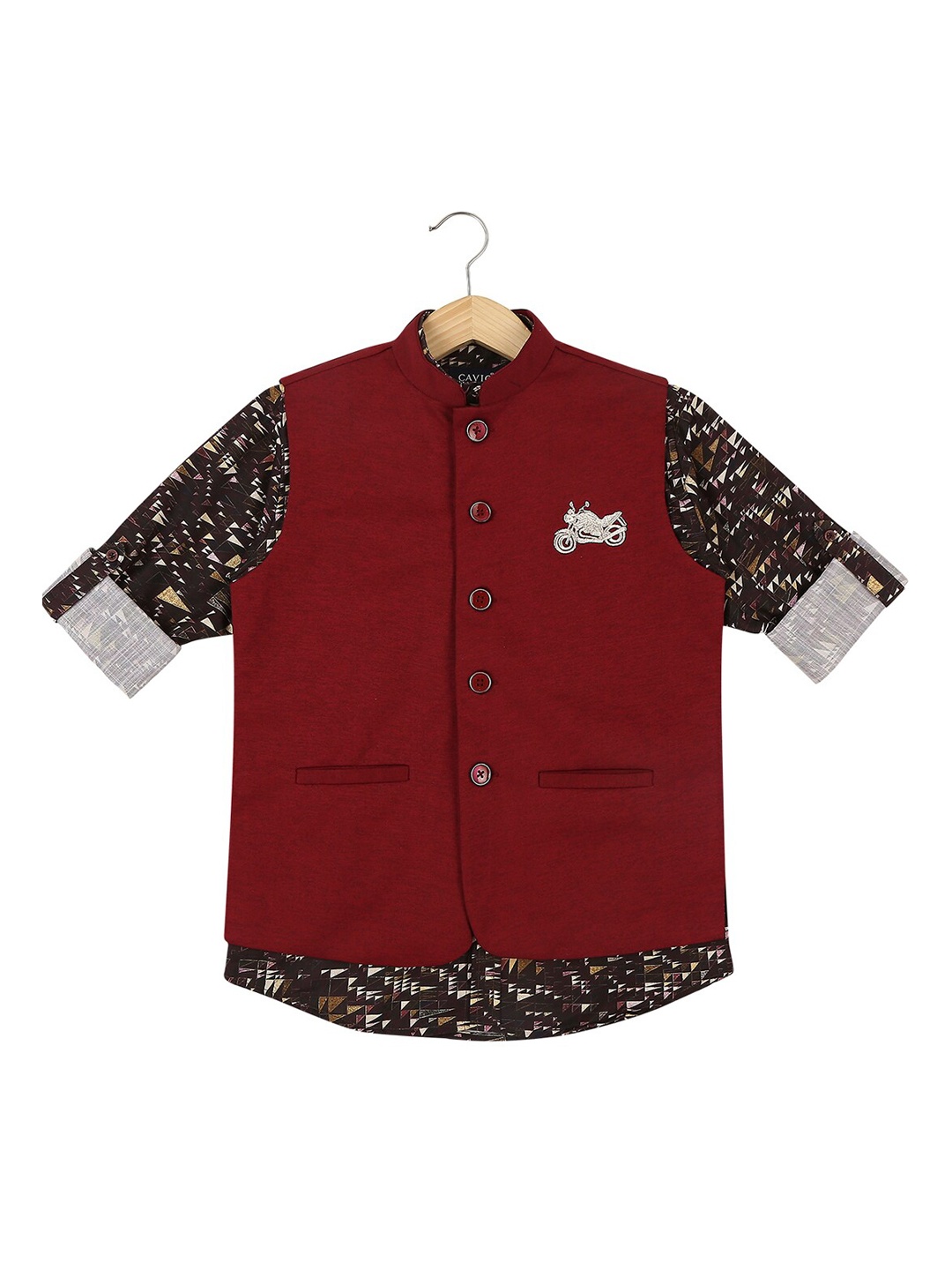 

CAVIO Boys Maroon Solid Nehru Jacket With Shirt