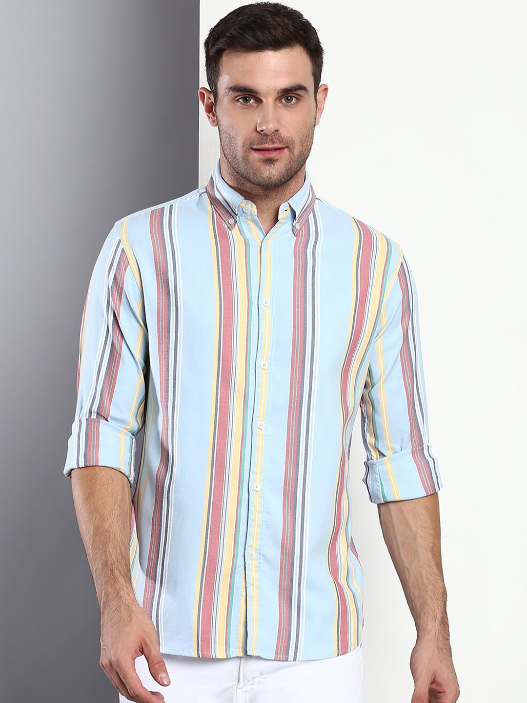 

Dennis Lingo Men Blue Slim Fit Striped Casual Shirt