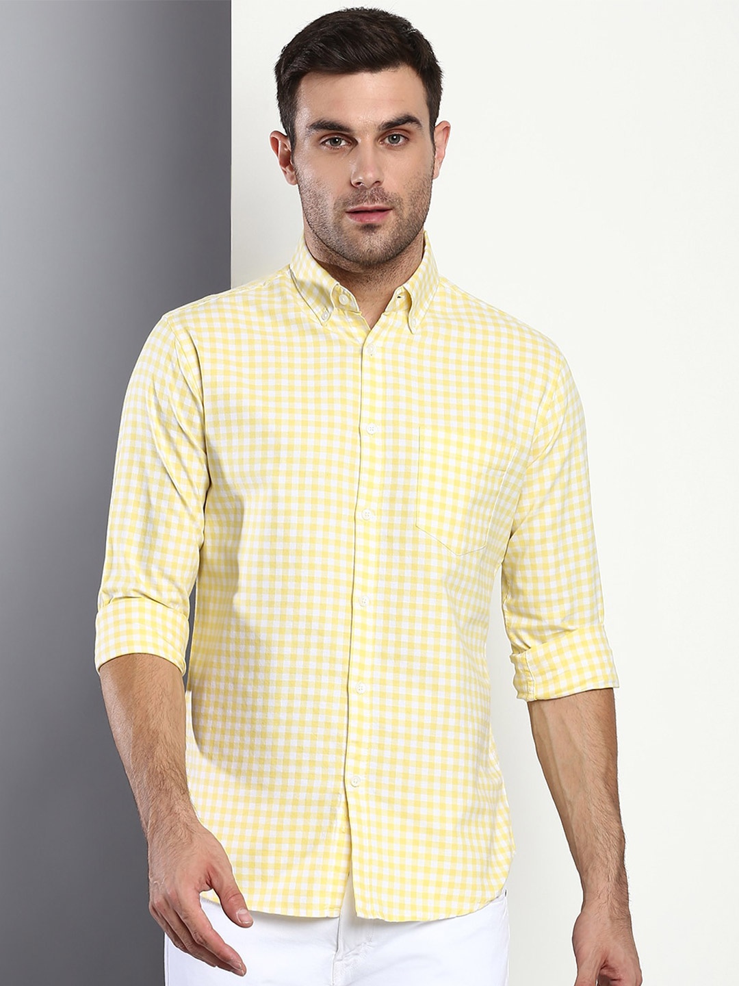 

Dennis Lingo Men Yellow Slim Fit Gingham Checks Checked Casual Shirt